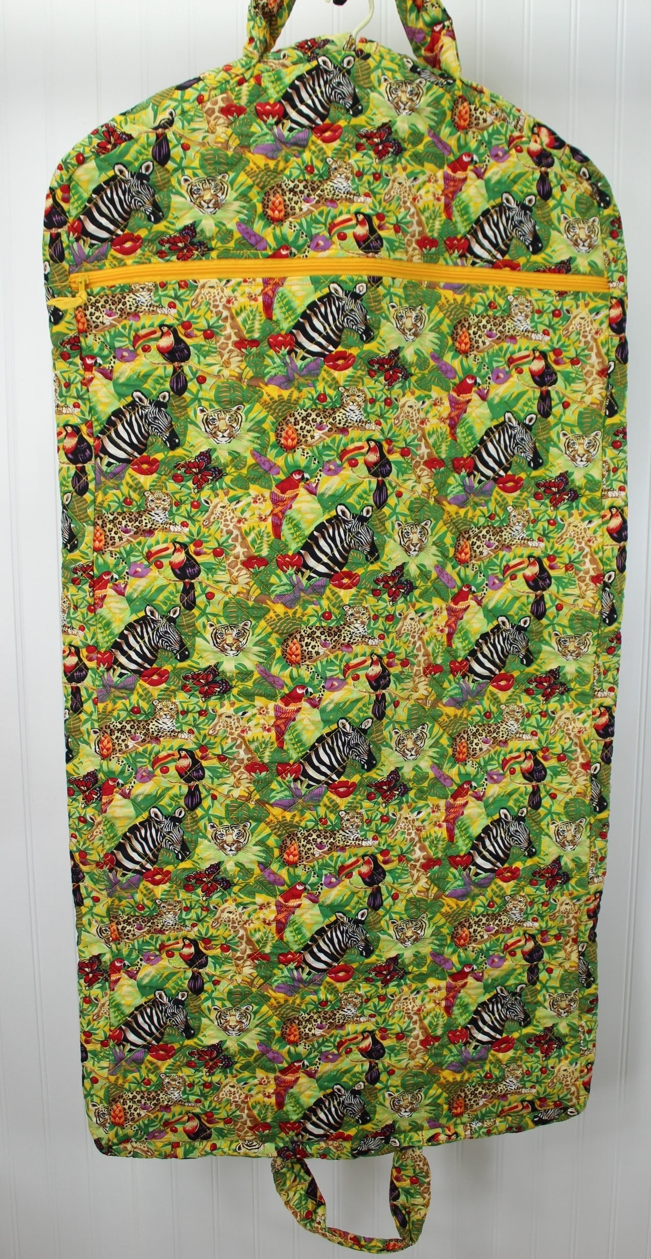 Unbranded Jungle Scene Fabric Garment Carrier Hanging Overnighter - Zebra Toucan interior pocket