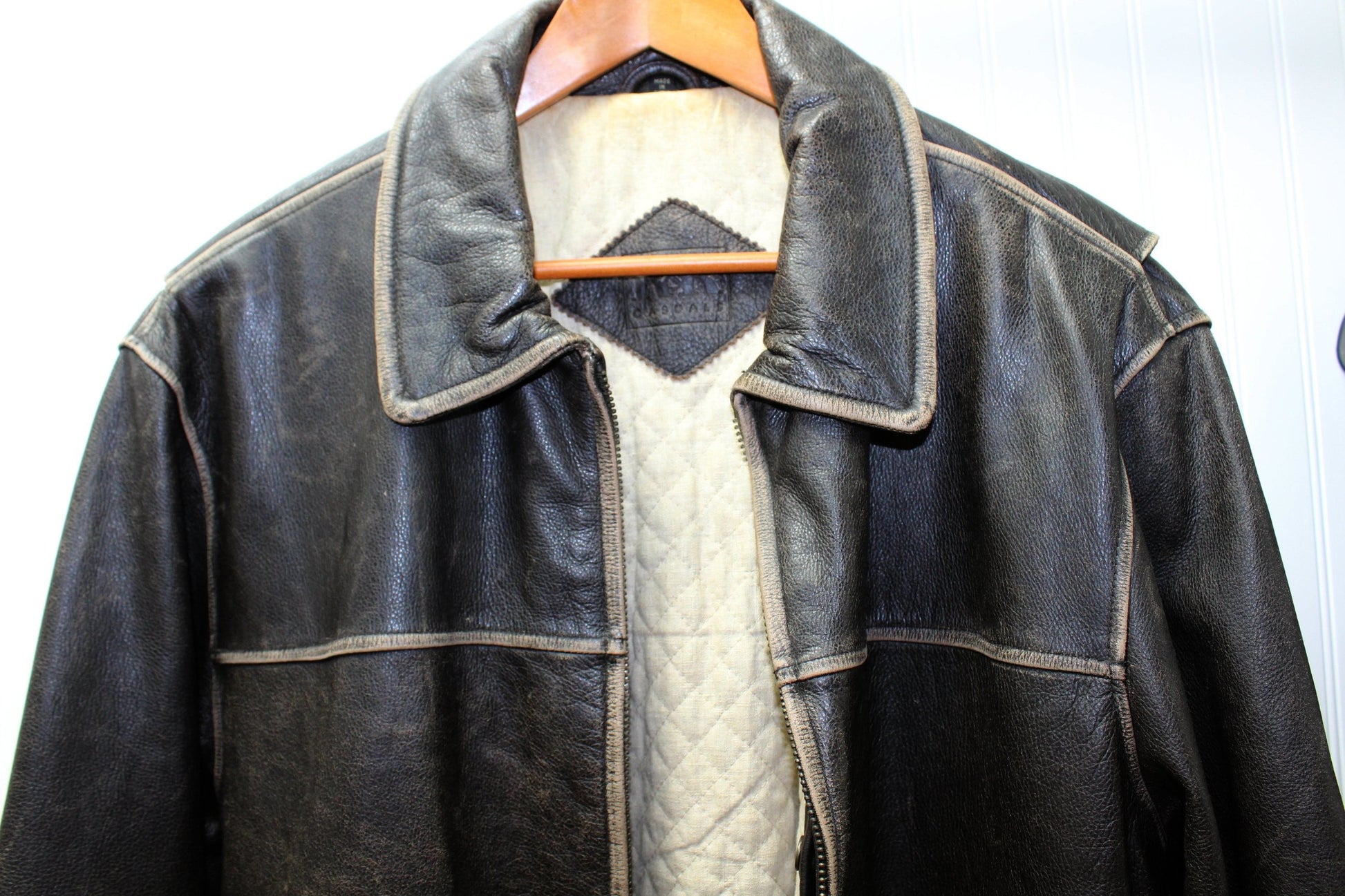 R & R Casuals Rare Distressed Leather Brown Aviator Bomber Jacket L arge Vintage linen cotton lining