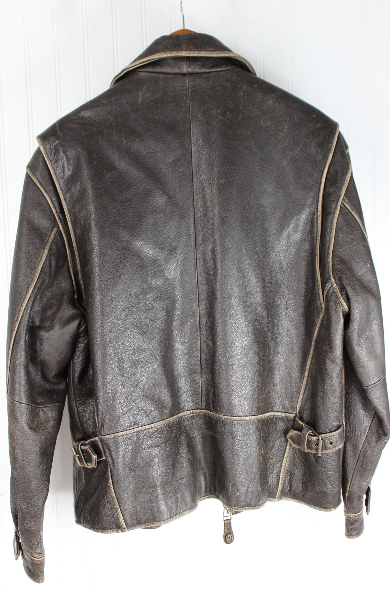 R & R Casuals Rare Distressed Leather Brown Aviator Bomber Jacket L arge Vintage belted sides