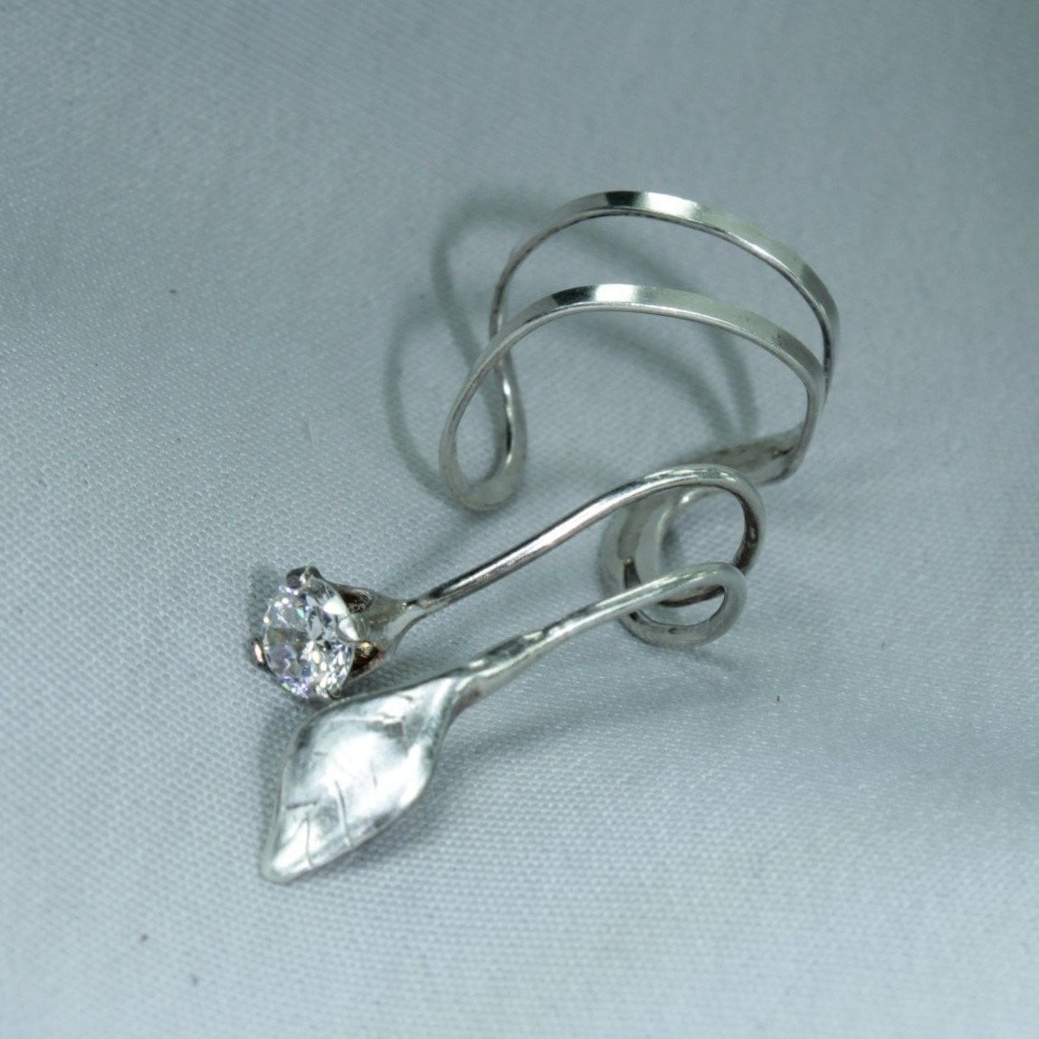 Wire Cuff  Earring Silver Crystal Leaf Wear Lobe Top of Ear spiral