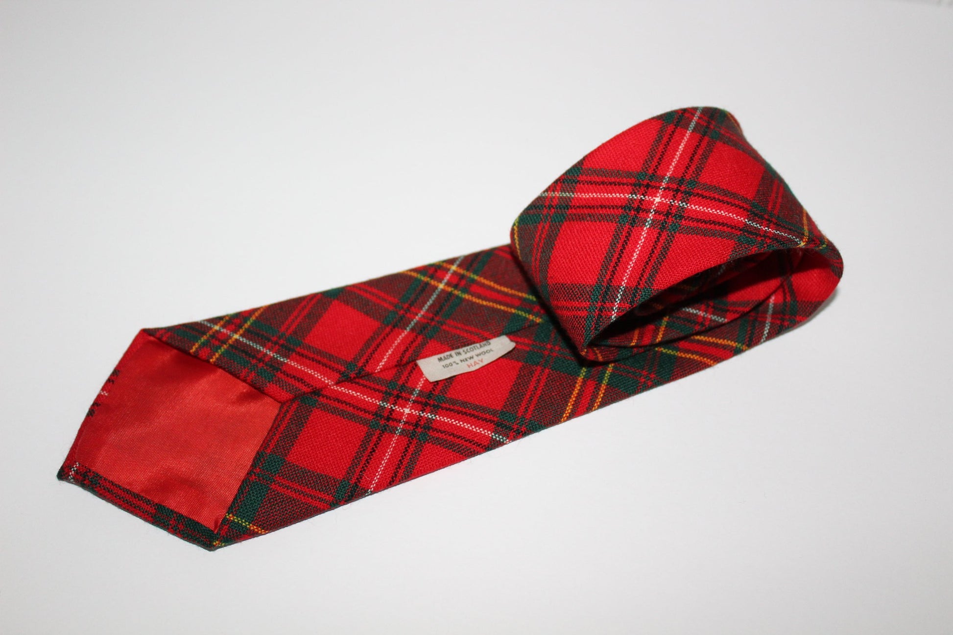 Vintage Wool Necktie HAY Red Plaid Tartan Scotland UK