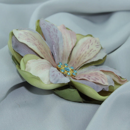 Vintage Hair Clip Silk Lily Blue Rhinestone Center 4" pink lavender