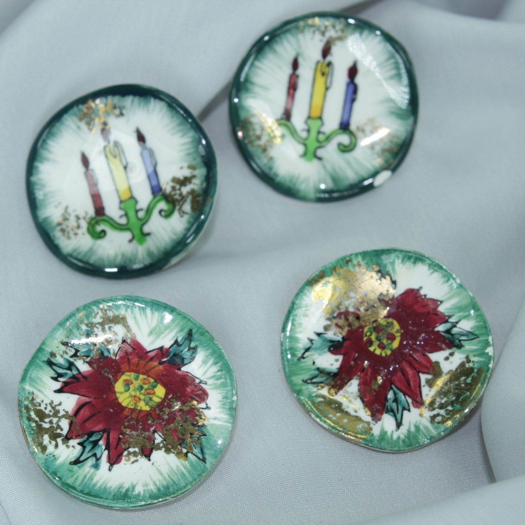 Vintage Earrings Christmas Ceramic Japan Clips Rare Collectibles candles