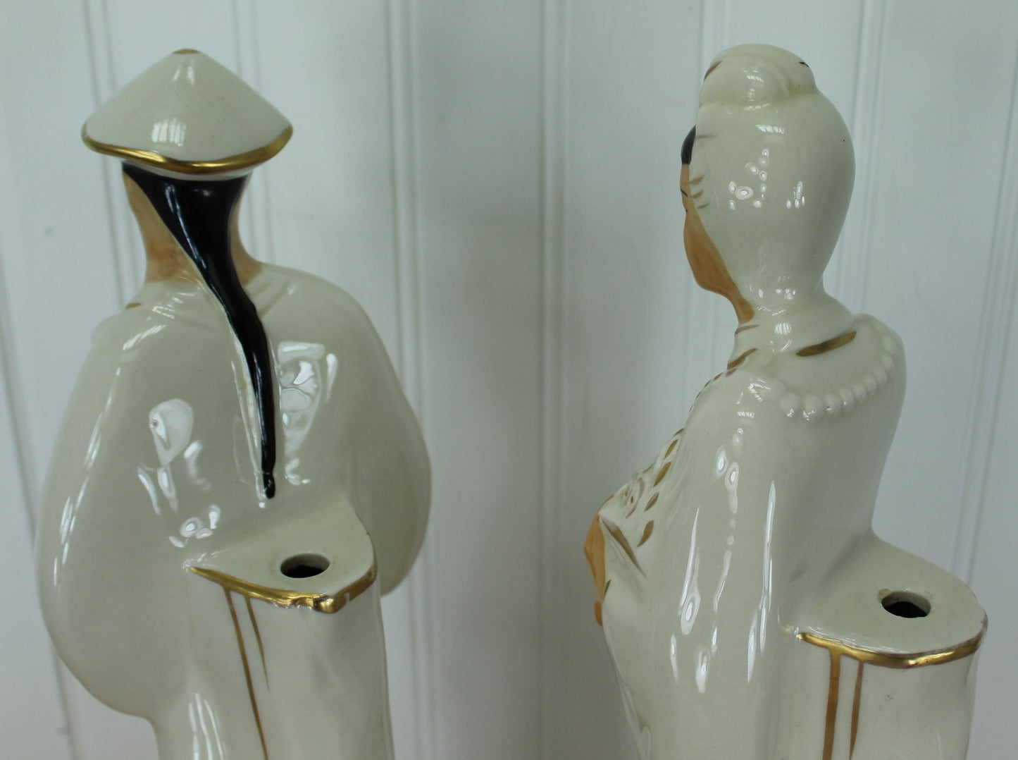 Vintage Mid Century Asian Figures - Lamp Bases - Tall 14 1/2" - White Heavy Gilt convert to lamps