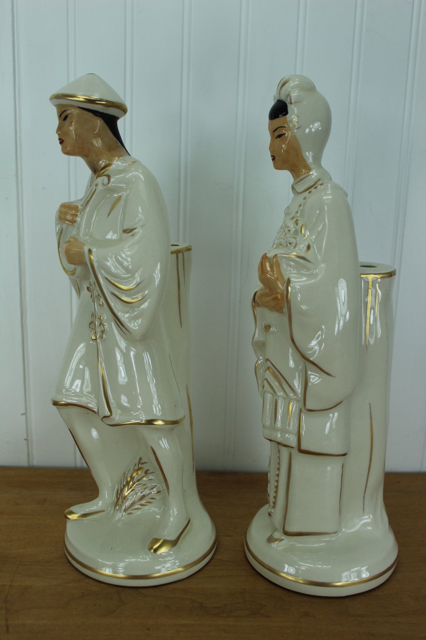 Vintage Mid Century Asian Figures - Lamp Bases - Tall 14 1/2" - White Heavy Gilt pair male and female
