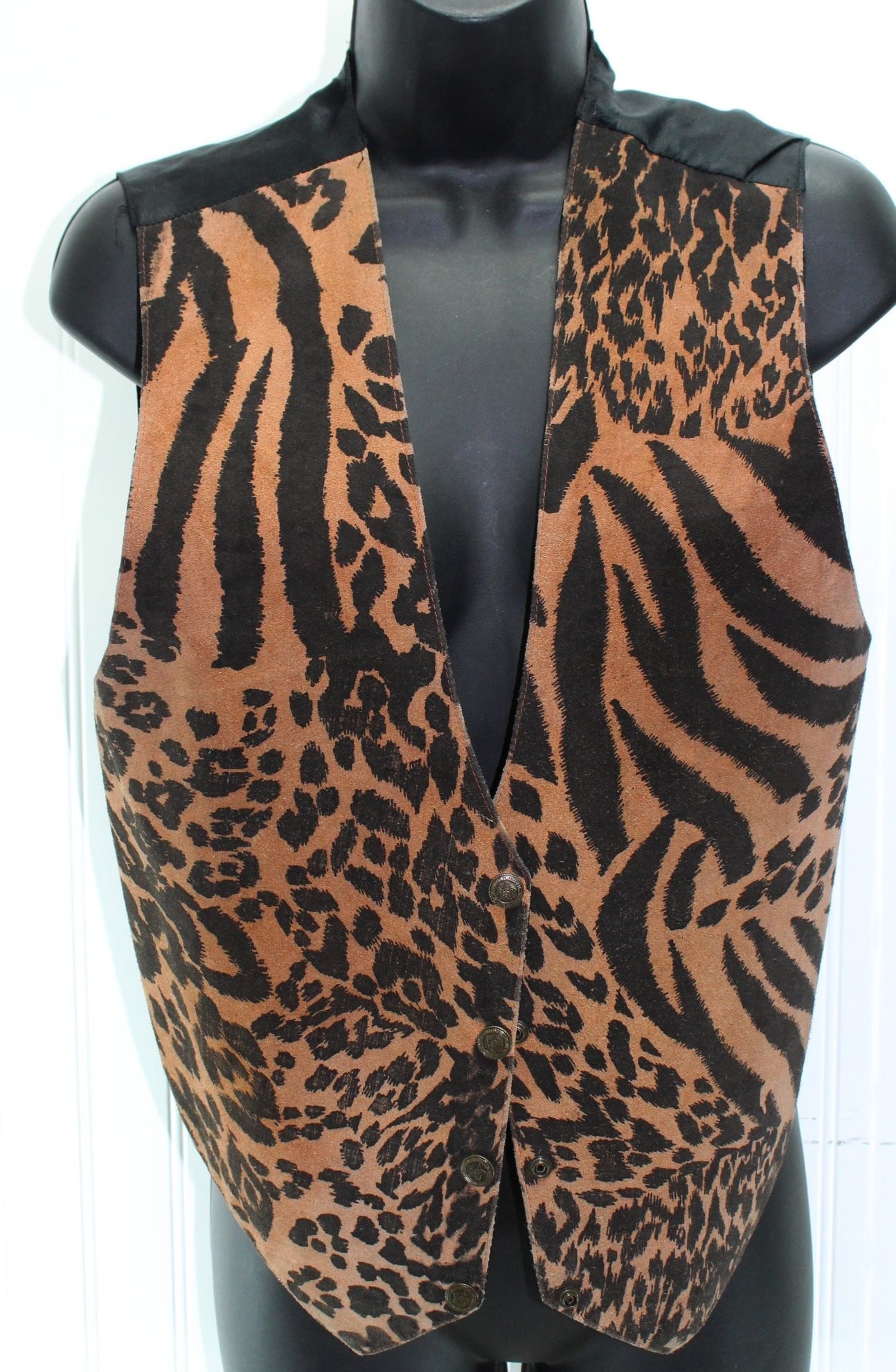 AGAPO Suede Leather Vest Leopard Print Black Brown Women's Small