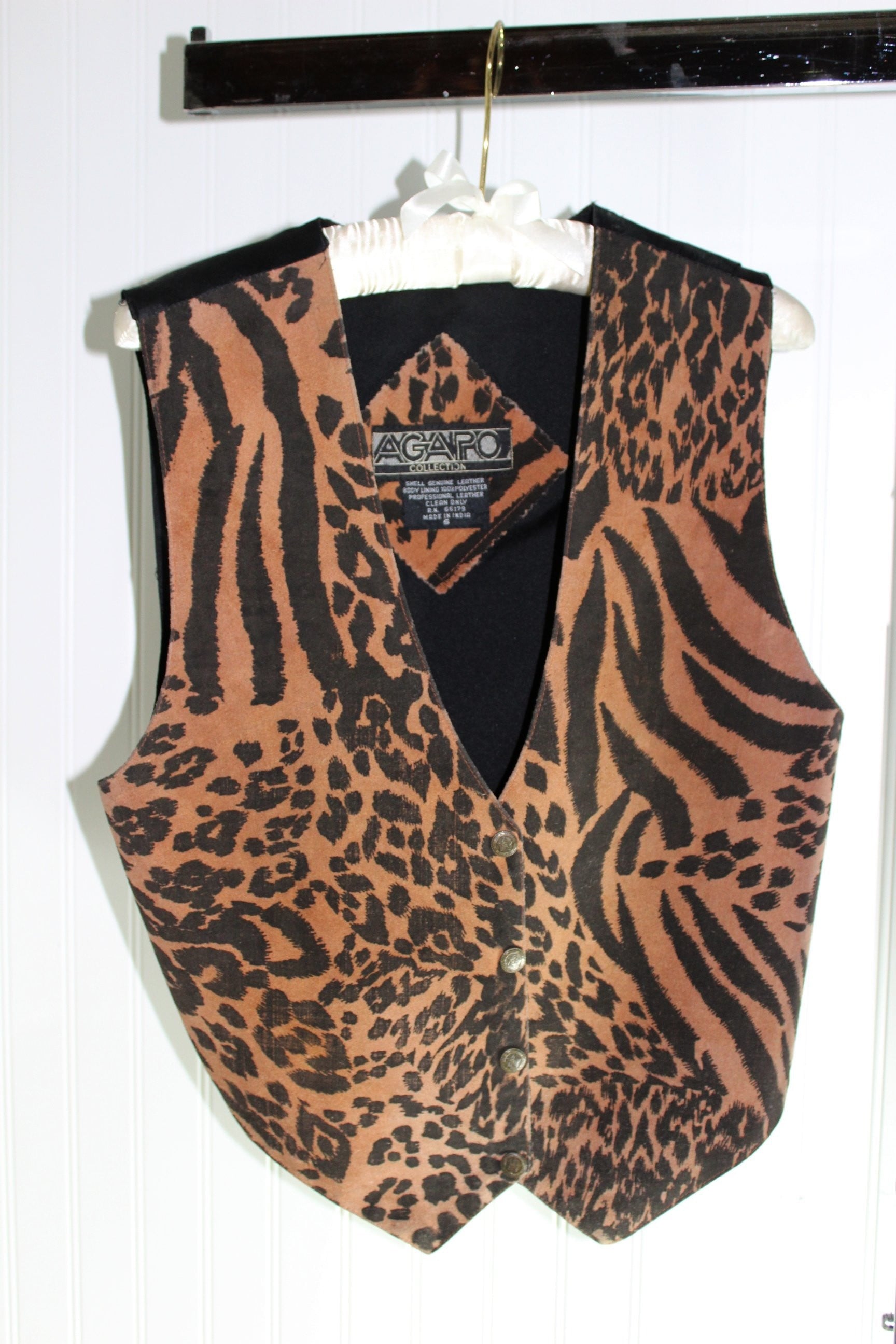 Suede Leather Vest Leopard Print AGAPO Snaps Oklahoma 1907 Seal Replica lined
