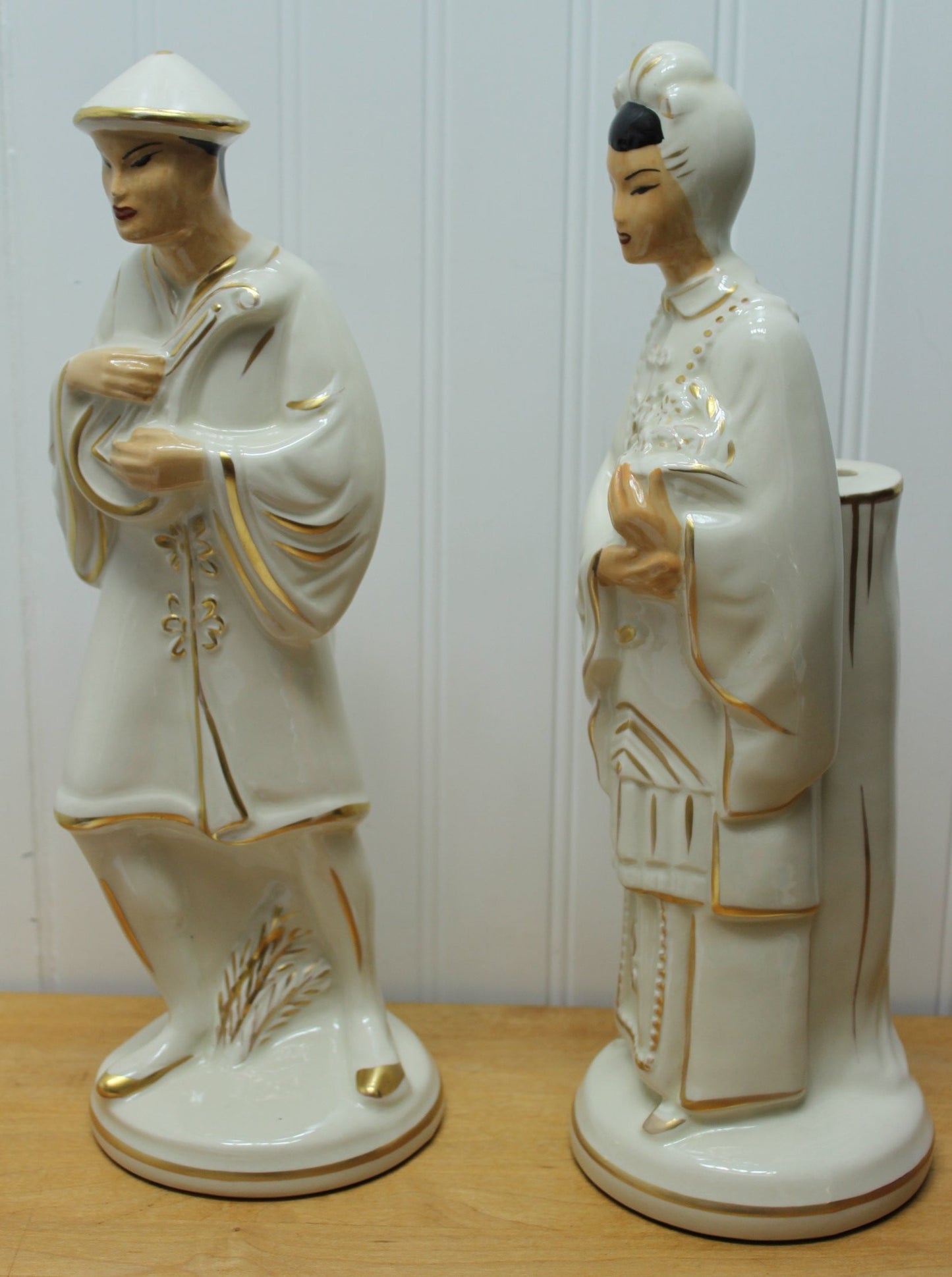 Vintage Mid Century Asian Figures - Lamp Bases - Tall 14 1/2" - White Heavy Gilt elegant figures