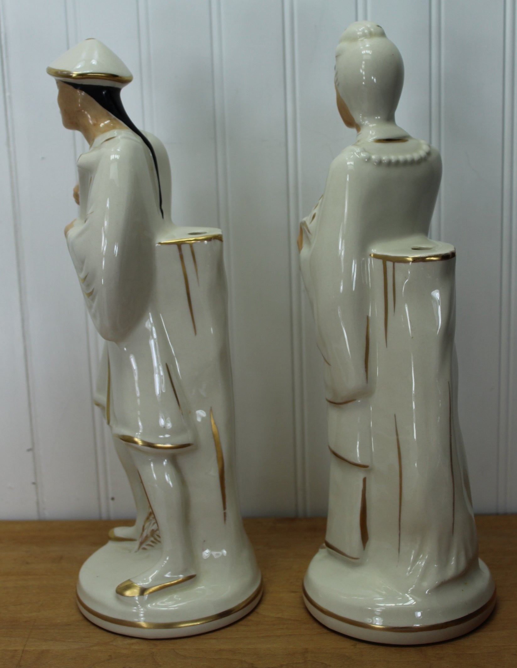 Vintage Mid Century Asian Figures - Lamp Bases - Tall 14 1/2" - White Heavy Gilt  oriental style