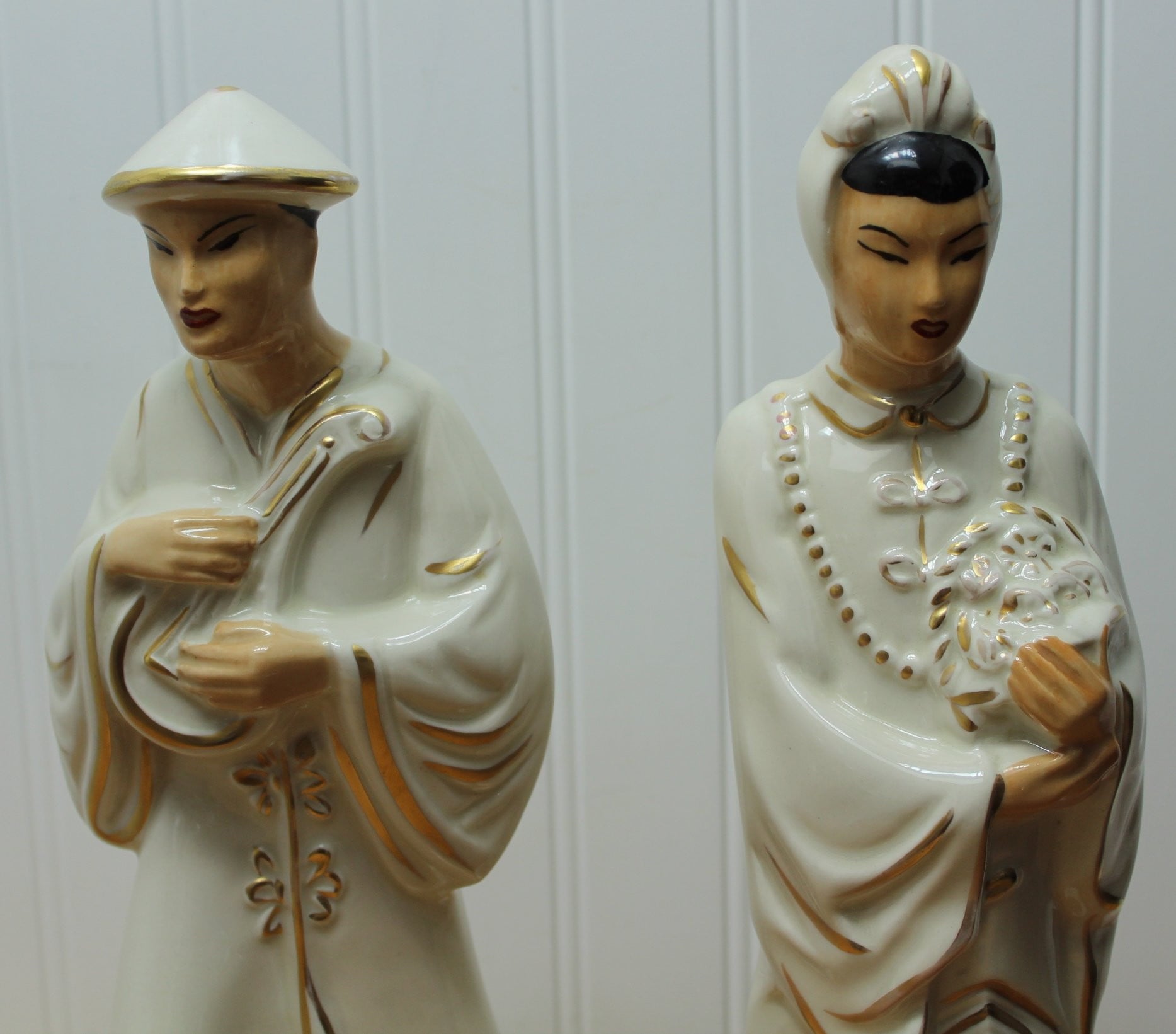 Vintage Mid Century Asian Figures - Lamp Bases - Tall 14 1/2" - White Heavy Gilt beautiful detail