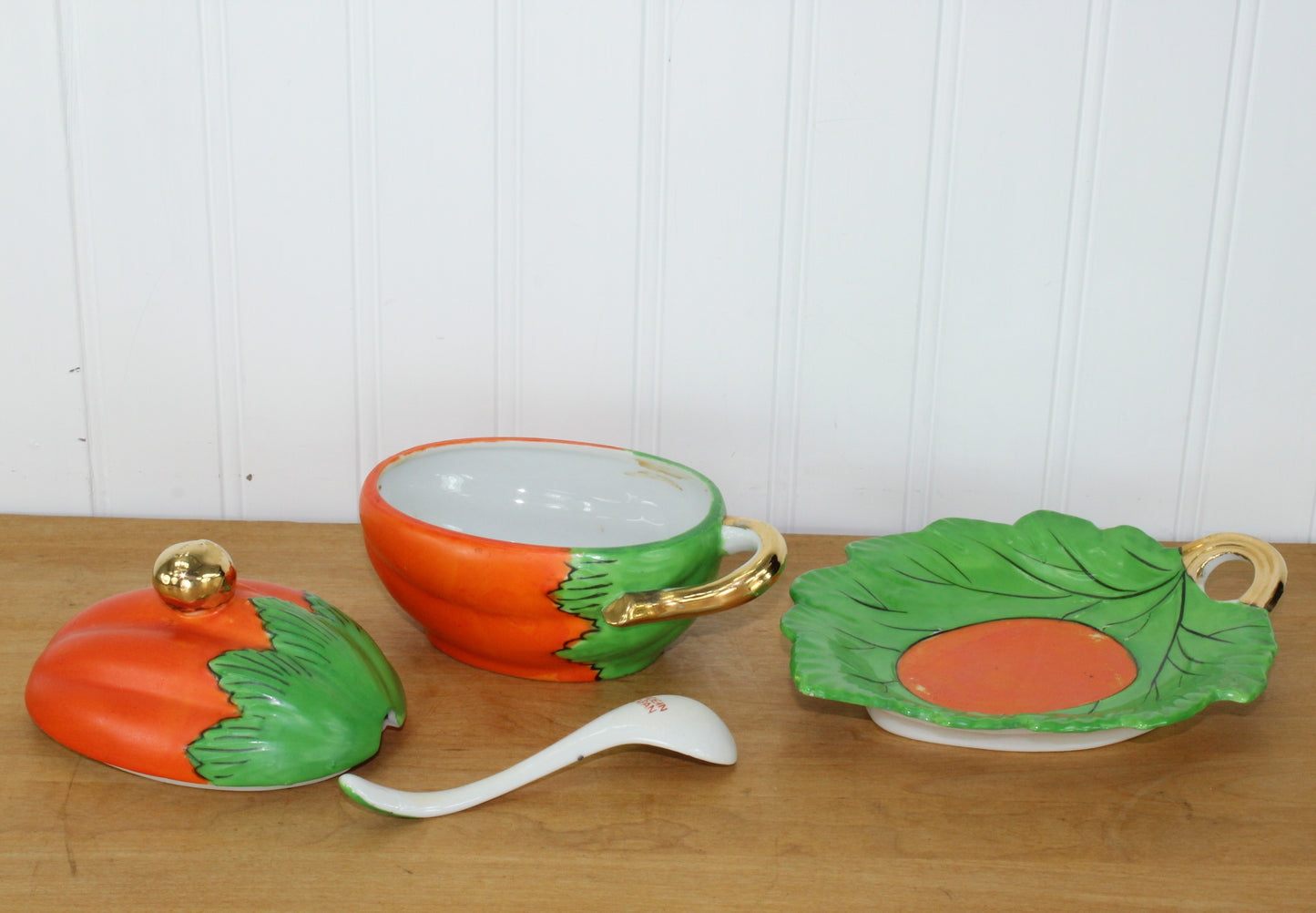 Lusterware Mayonnaise Sauce Set - Melon Shape Bowl Platter Server - Japan 4 pieces