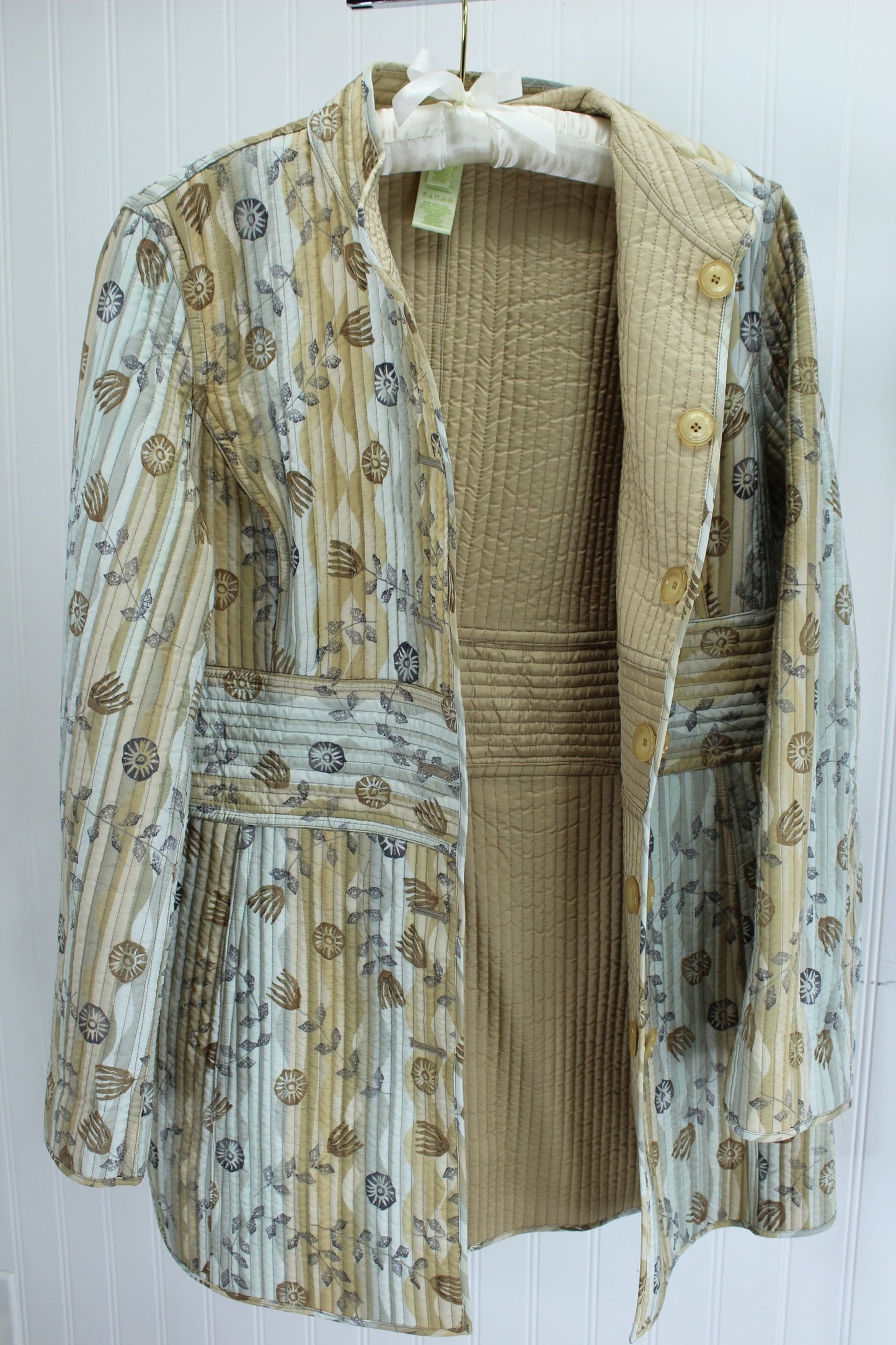 SIGRID OLSEN Reversible Quilted Long Jacket Browns Beige Silk Poly Hand Wash great colors