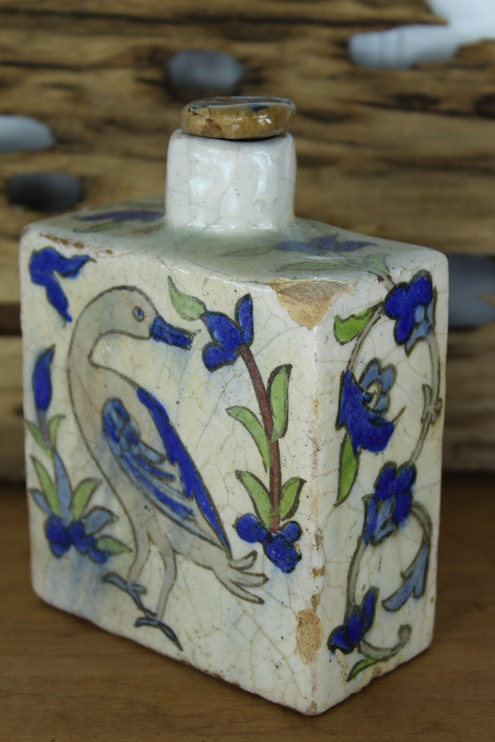 Old Iznik Turkey Bottle Flask  with Stopper - Bird Flowers jar turkey