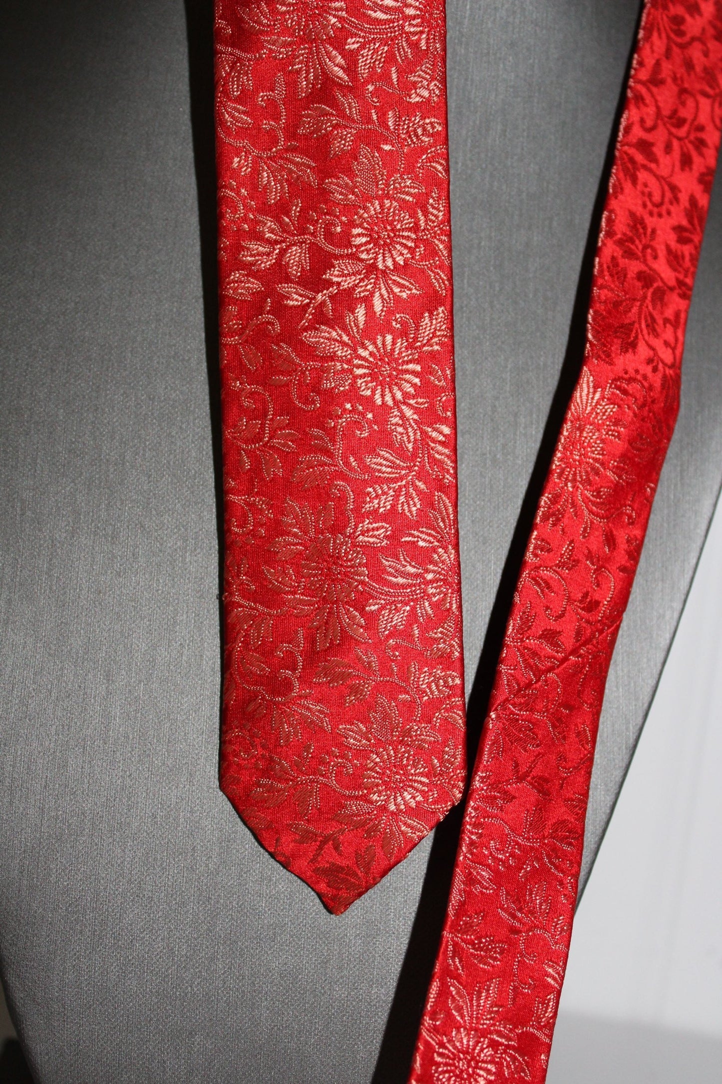 Vintage Skinny 2" Necktie Japan Silk Metallic Red Flowers