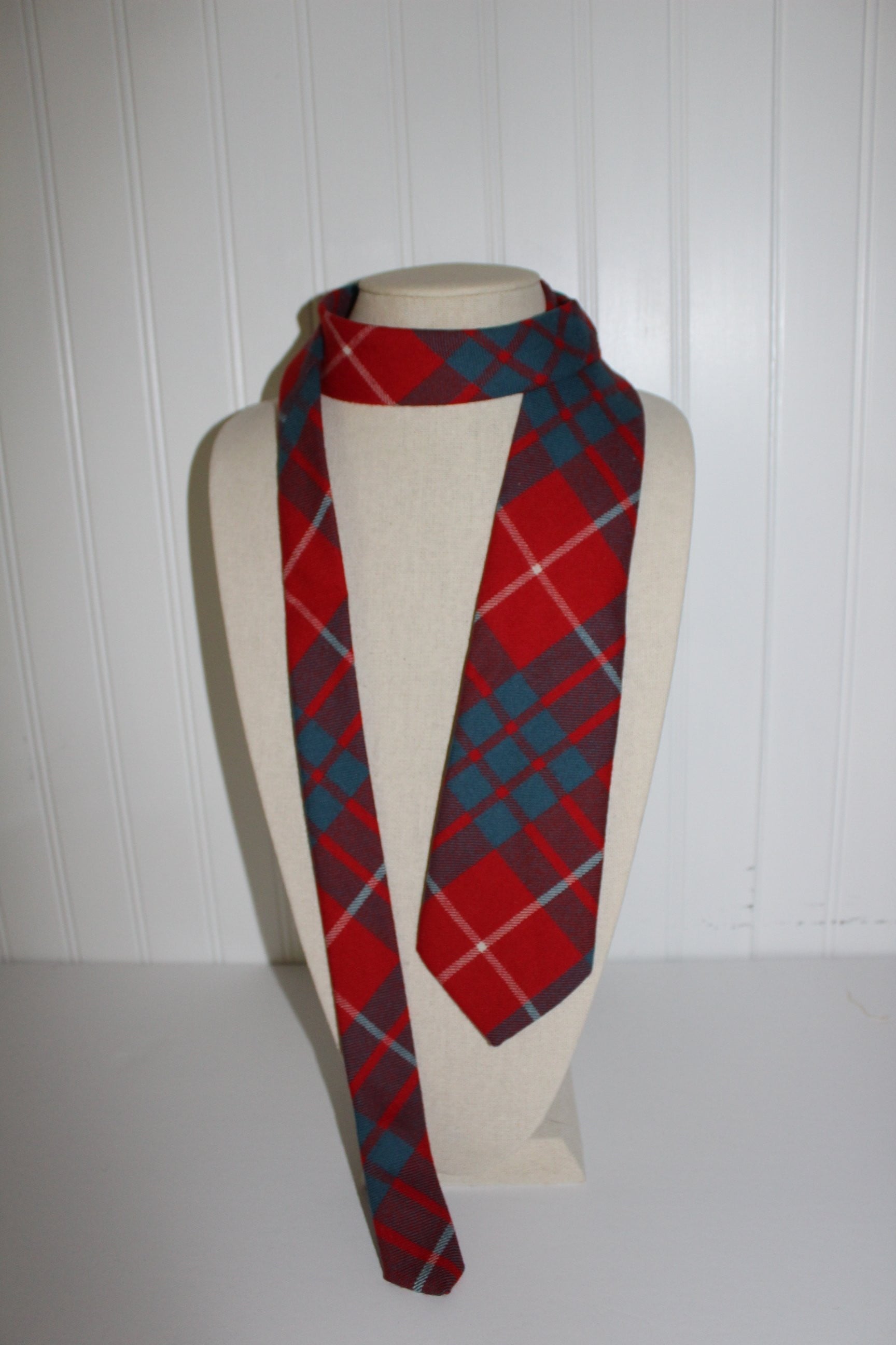 Wool Necktie Red Teal Plaid WB Logo unusual