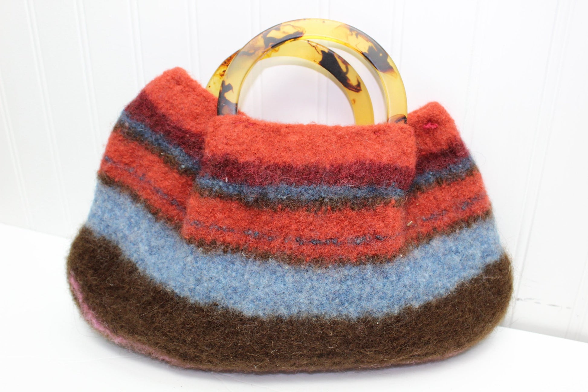 Felted Wool Purse Faux Tortoise Large Round Handles Unique Handmade unusual