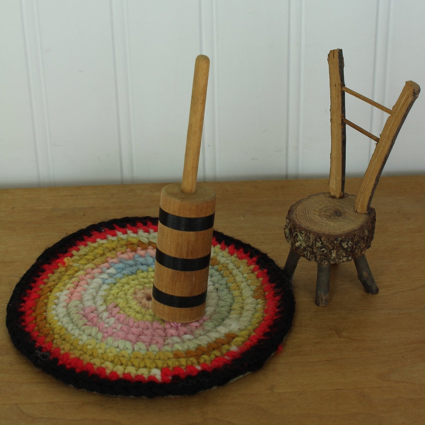 1976 Signed Helen Layton Apple Head Doll - Sealed Painted Face - Churn Hand Made "Rag" Rug twig wooden chair