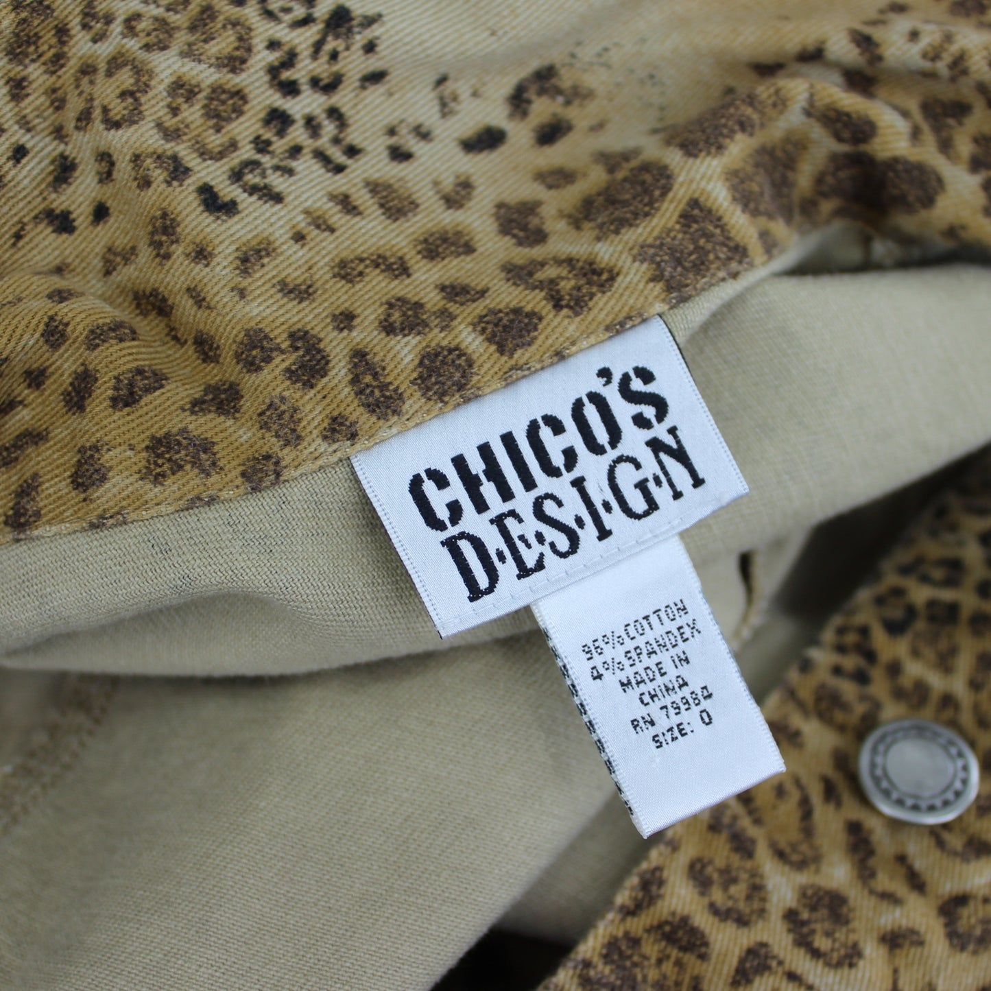Chico's Design Leopard Print Cotton Jacket Adjustable Band Waist Chico Size 0 maker tag care tag