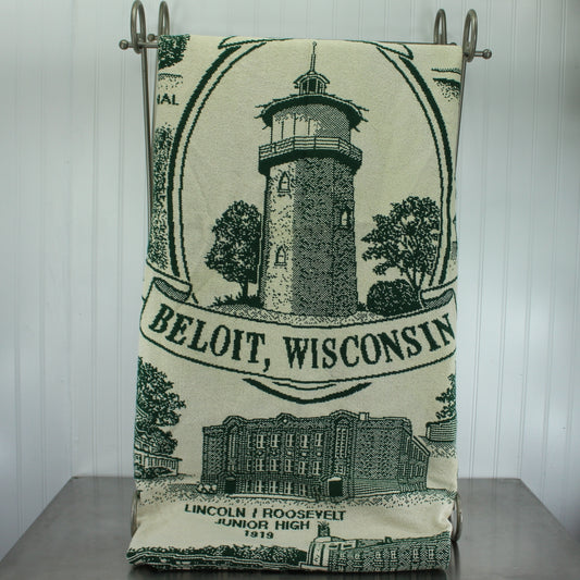 Beloit Wisconsin Woven Cotton Throw Blanket New Condition Historical Society Design Riddle Cockrell vintage