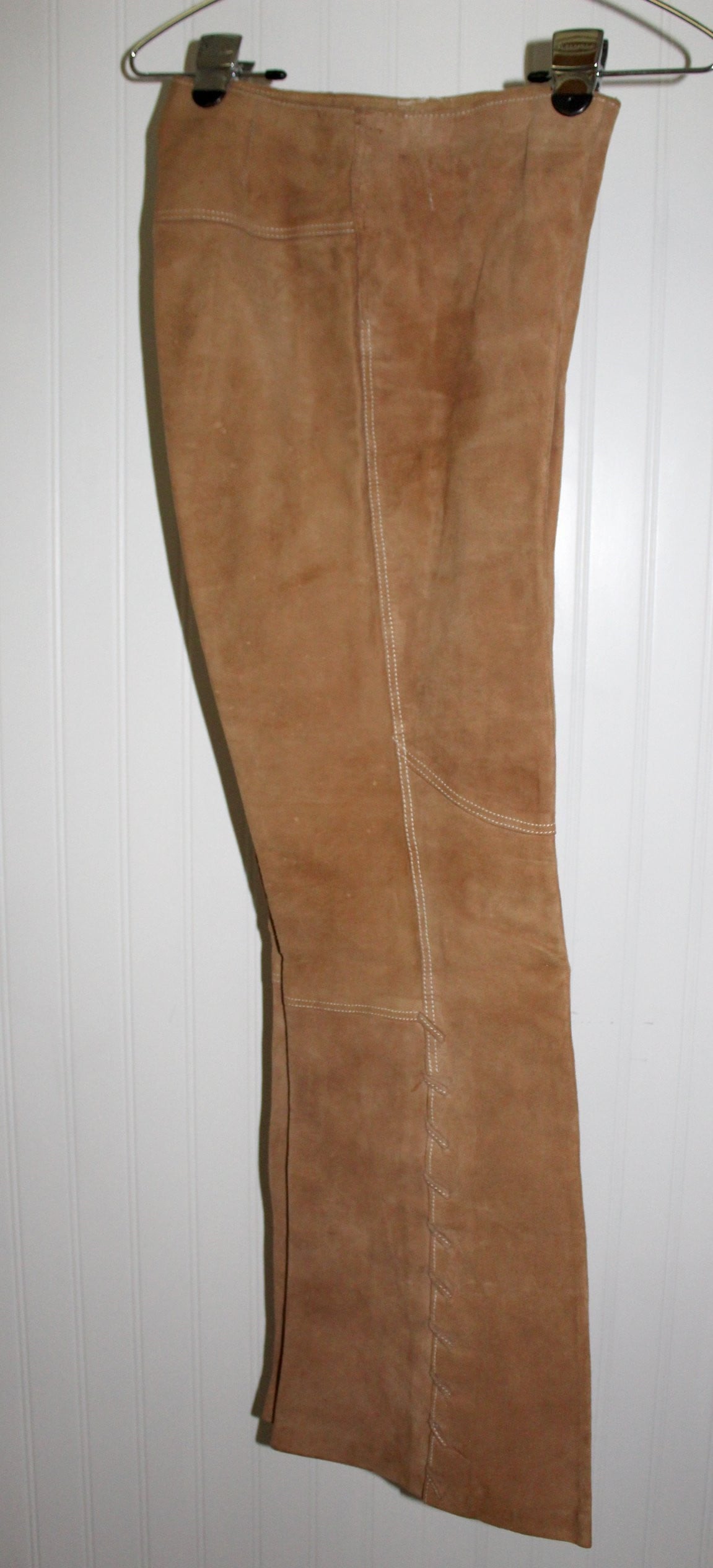 Vintage Leather Pants Laced Flare Leg Caramel Cream Top Stitch Great Detail disco