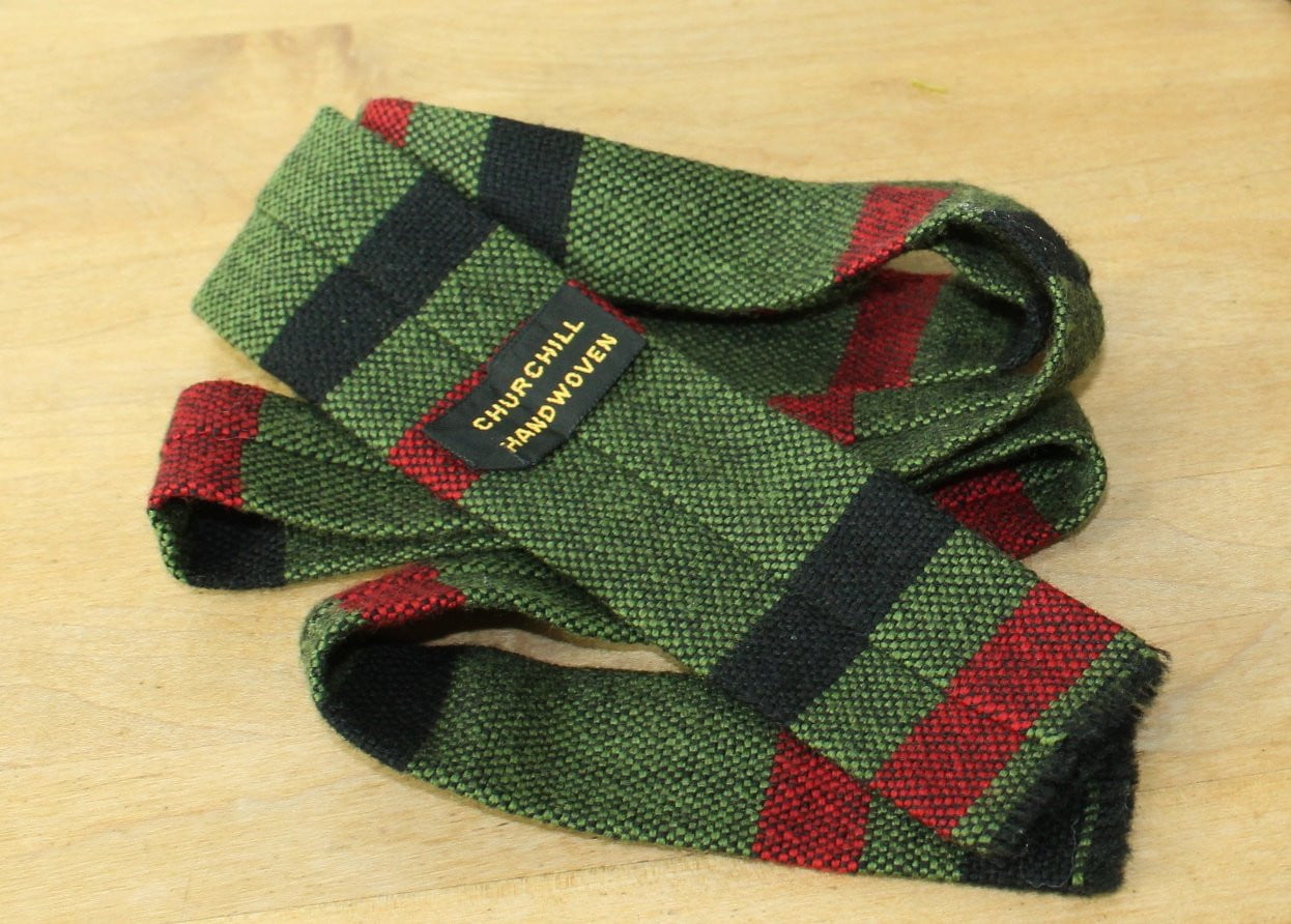 Churchill Weavers Necktie - Hand Woven Skinny  1 7/8" Black Moss Green Red Vintage exxtra skinny