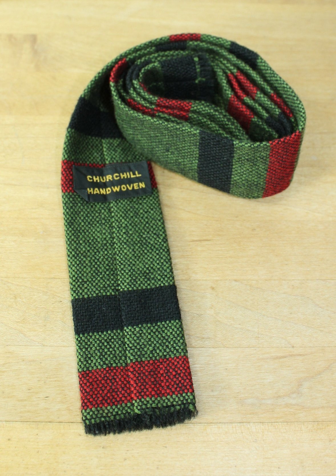 Churchill Weavers Necktie - Hand Woven Skinny  1 7/8" Black Moss Green Red Vintage hand woven