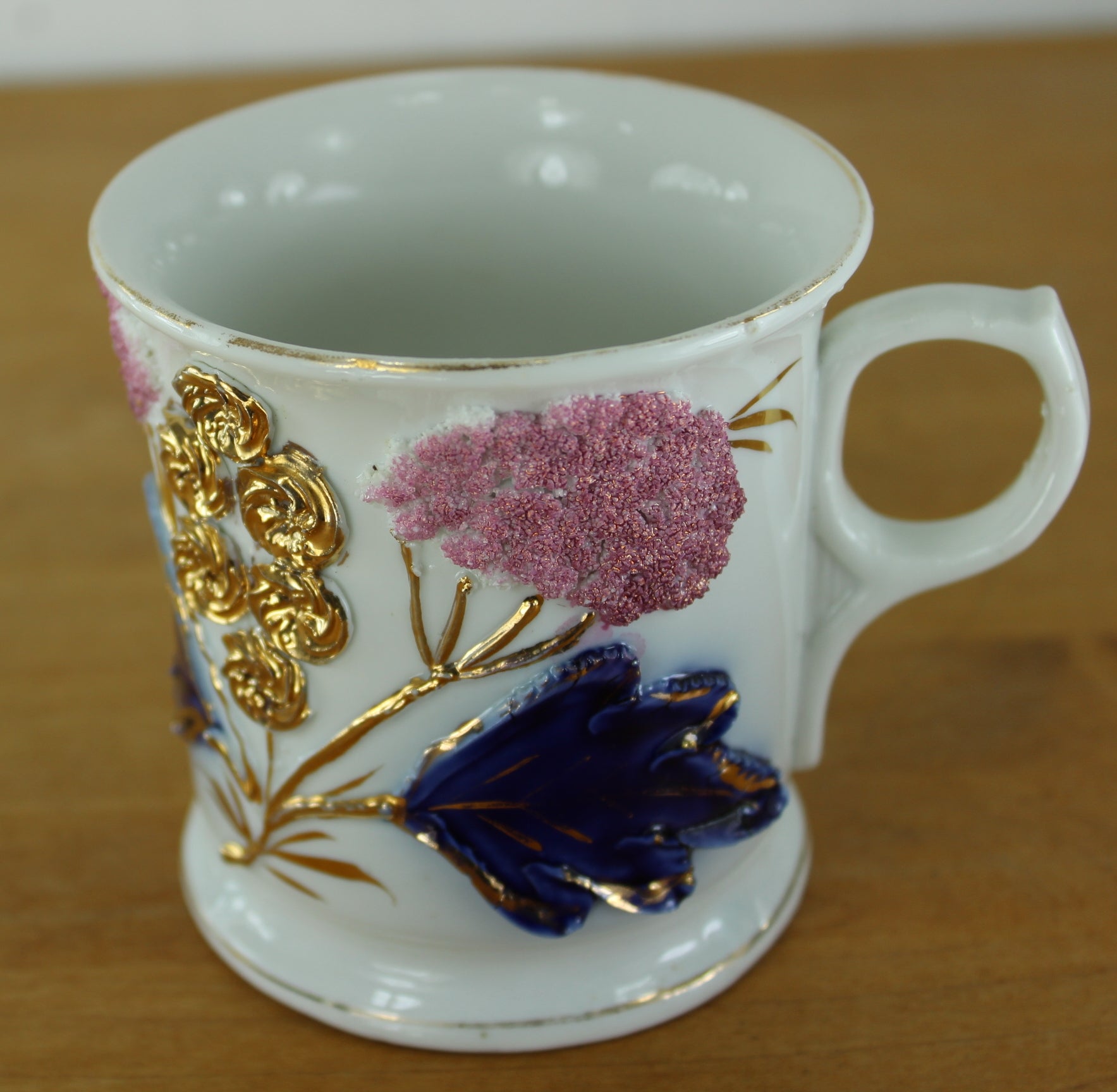Antique Shaving Mug Lusterware Raised Applied Flowers - Germany - Unusual Glitzy lots of gold