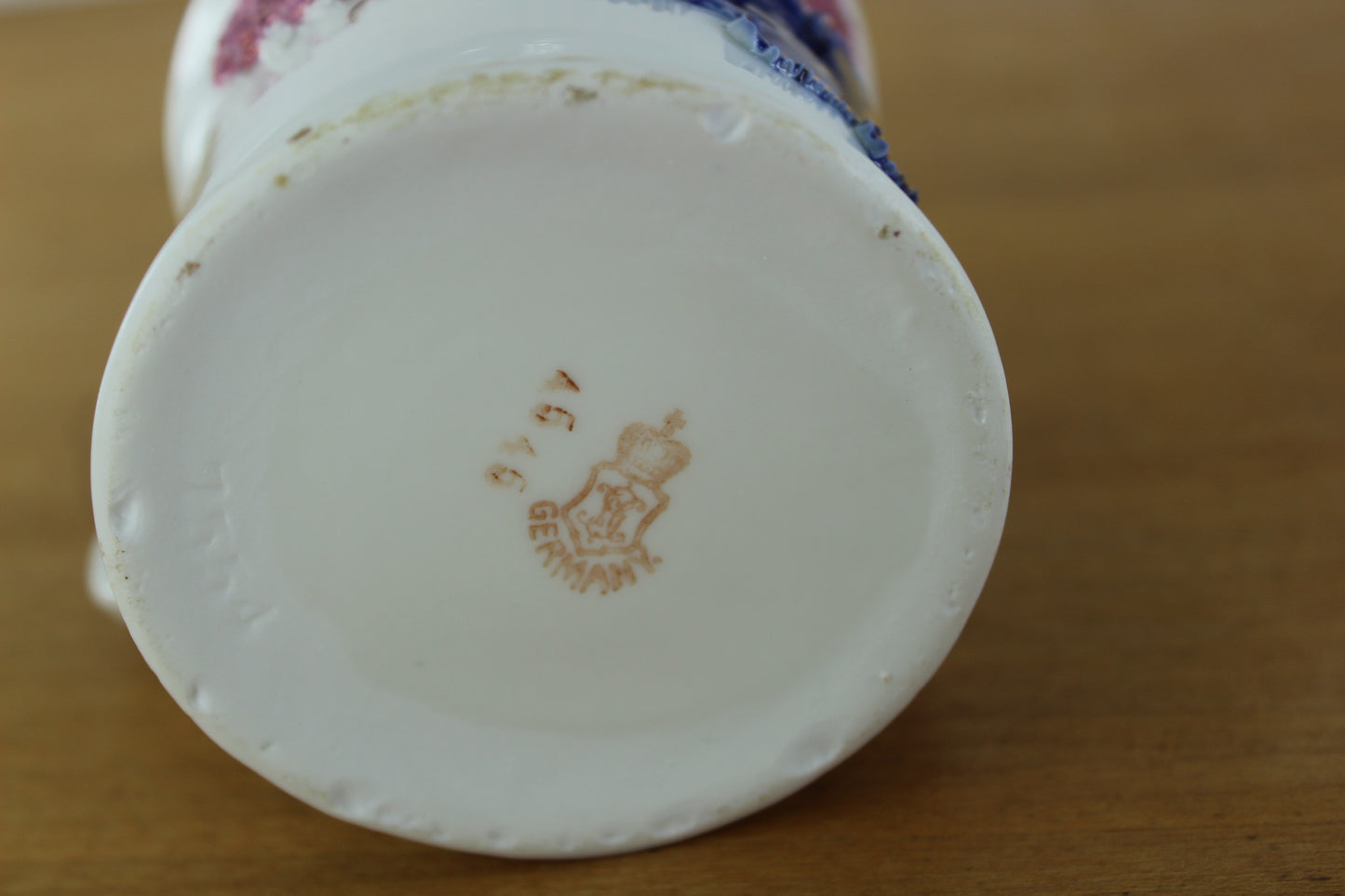 Antique Shaving Mug Lusterware Raised Applied Flowers - Germany - Unusual Glitzy logo crown shield
