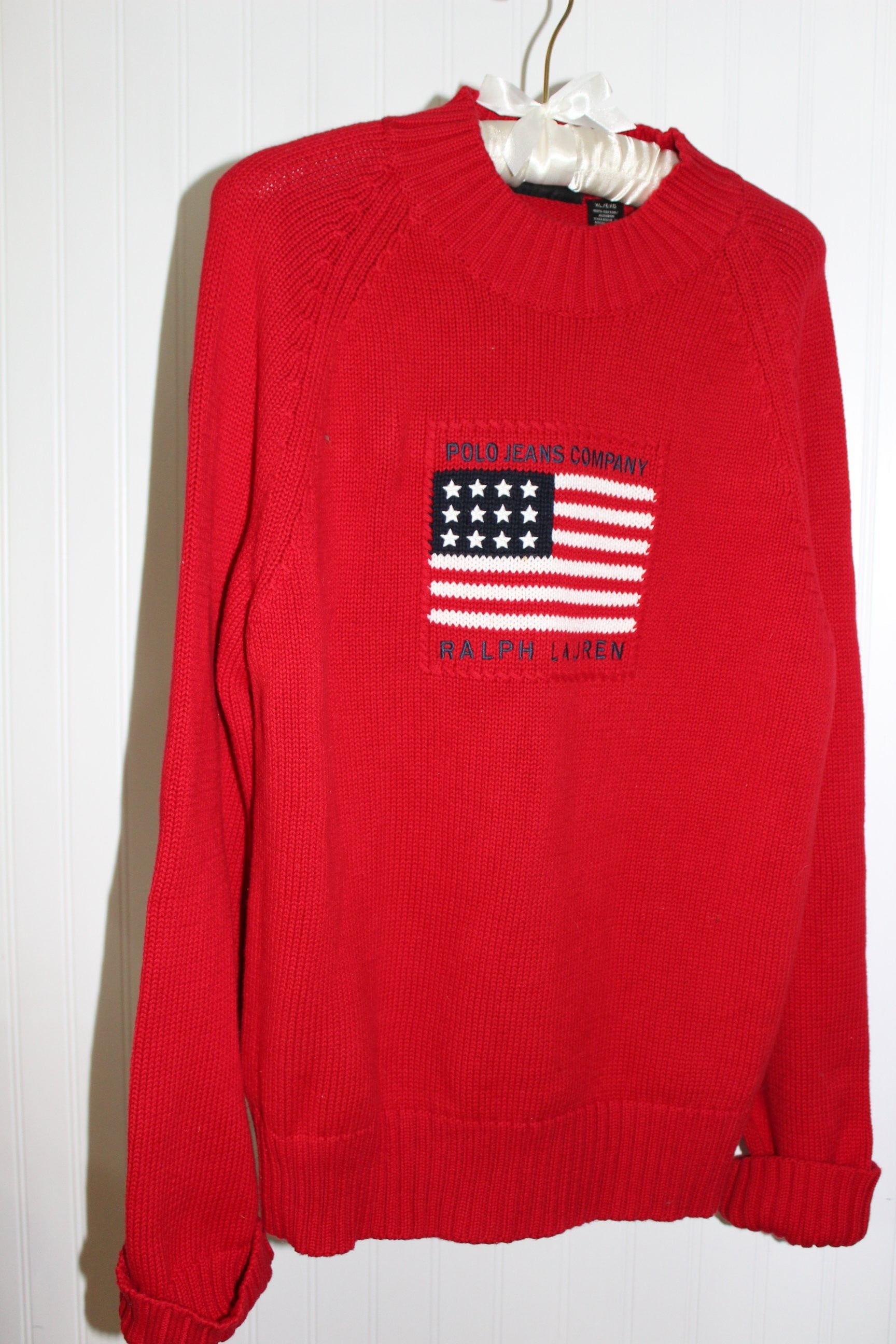 POLO Lauren Sweater Knit Pullover Vintage Red Heavy Cotton Flag Design Unisex