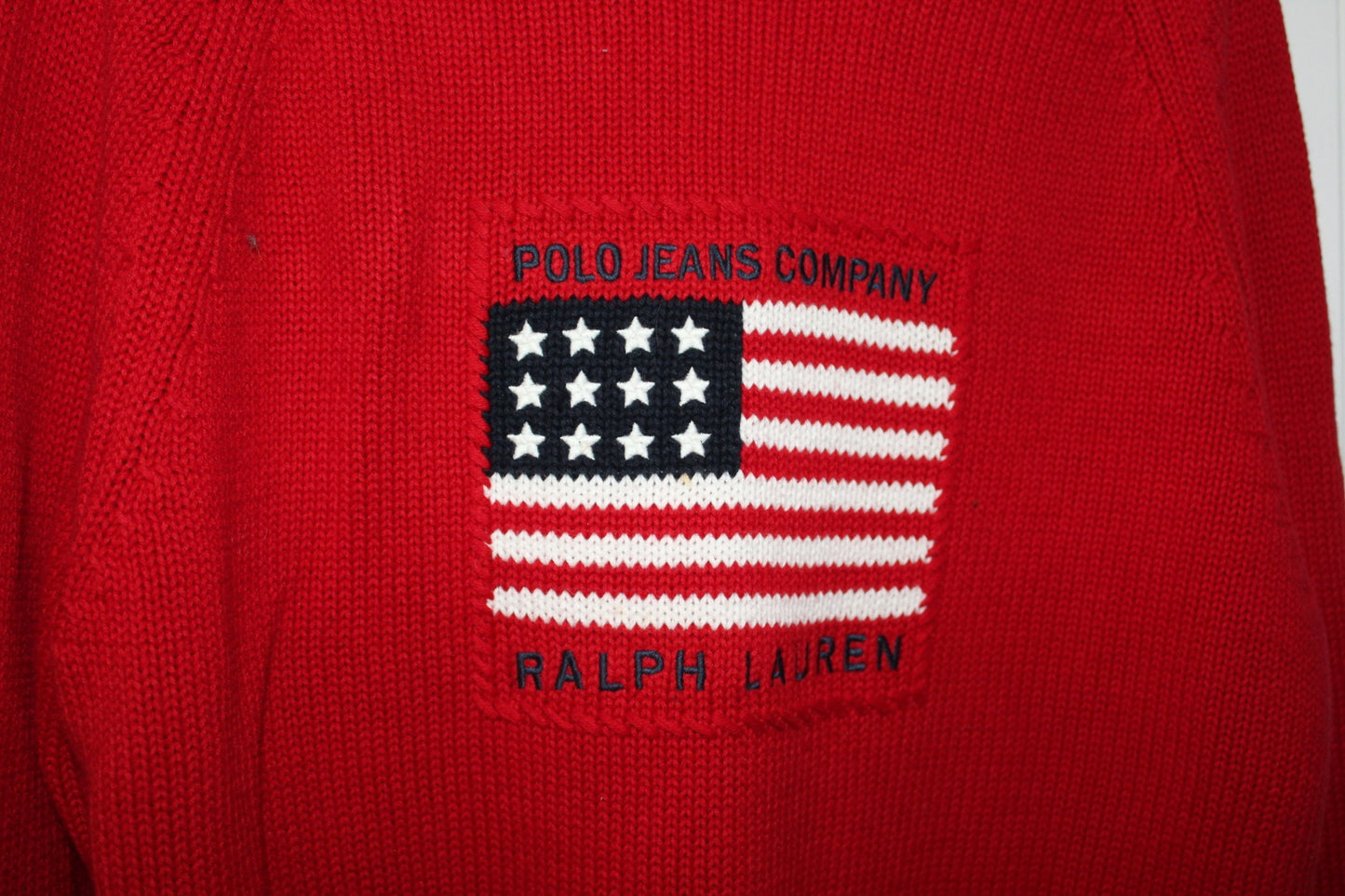POLO Lauren Sweater Knit Pullover Vintage Red Heavy Cotton Flag Design Unisex raglan