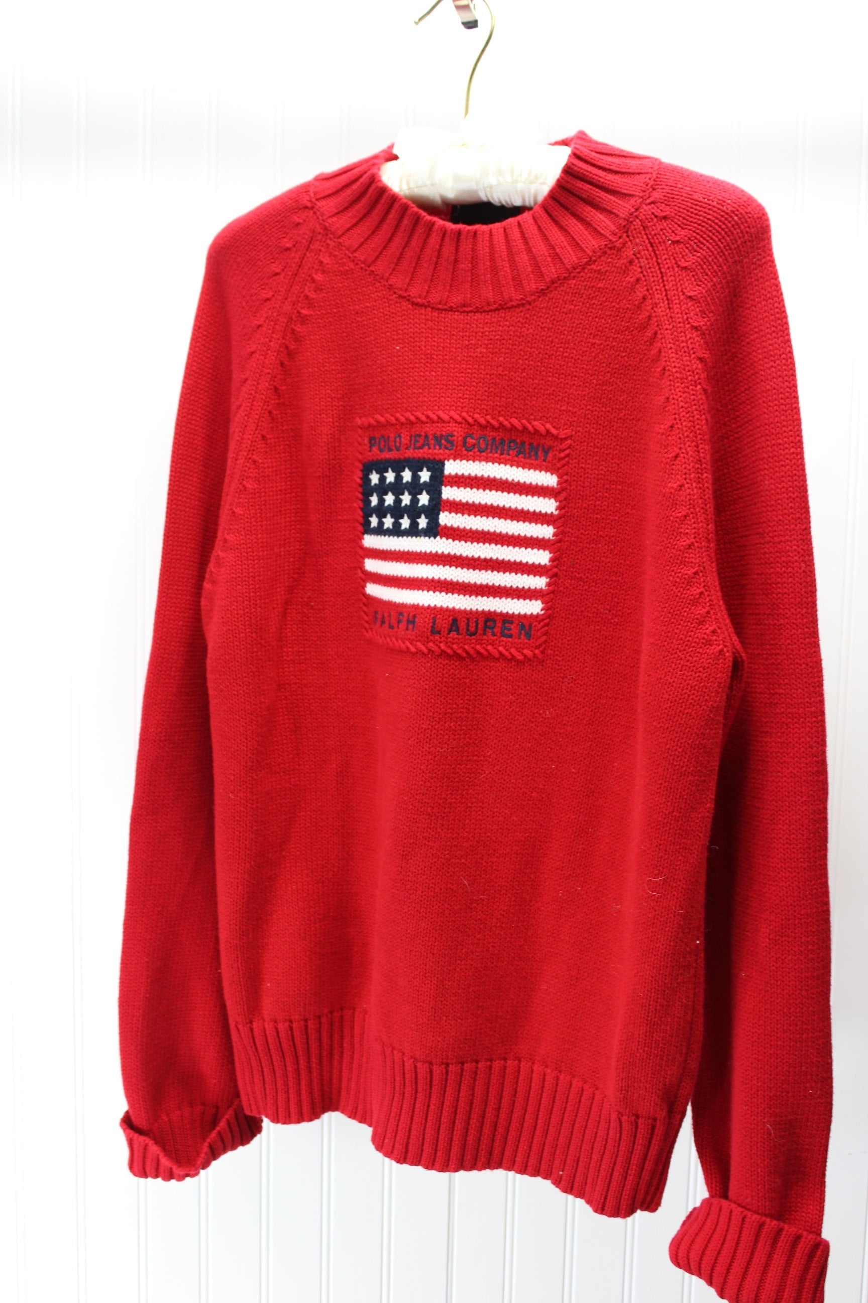 POLO Lauren Sweater Knit Pullover Vintage Red Heavy Cotton Flag Design Unisex crew