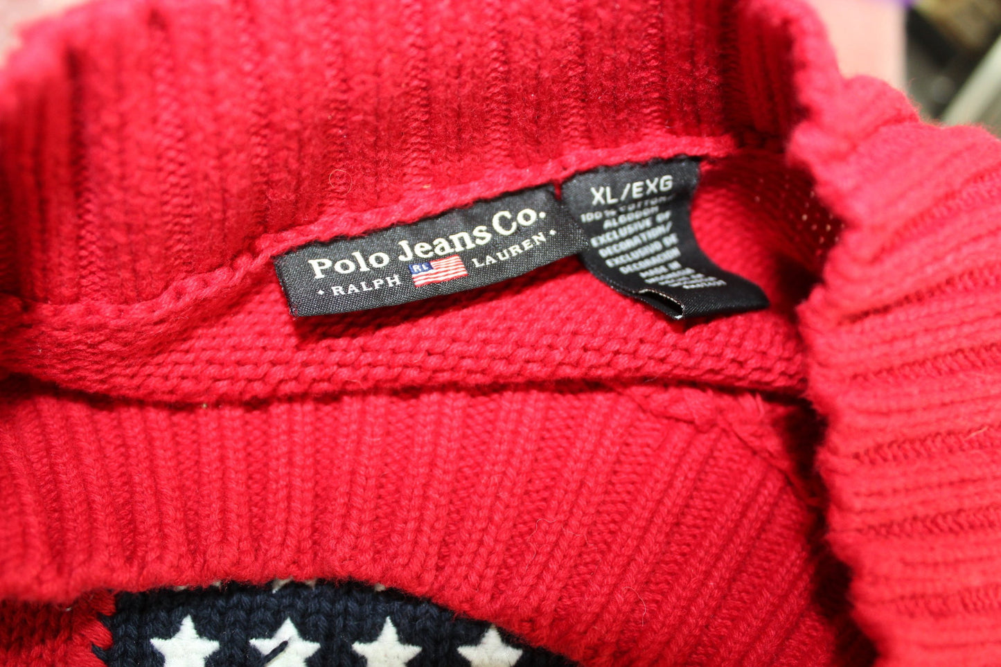POLO Lauren Sweater Knit Pullover Vintage Red Heavy Cotton Flag Design Unisex mock turtle