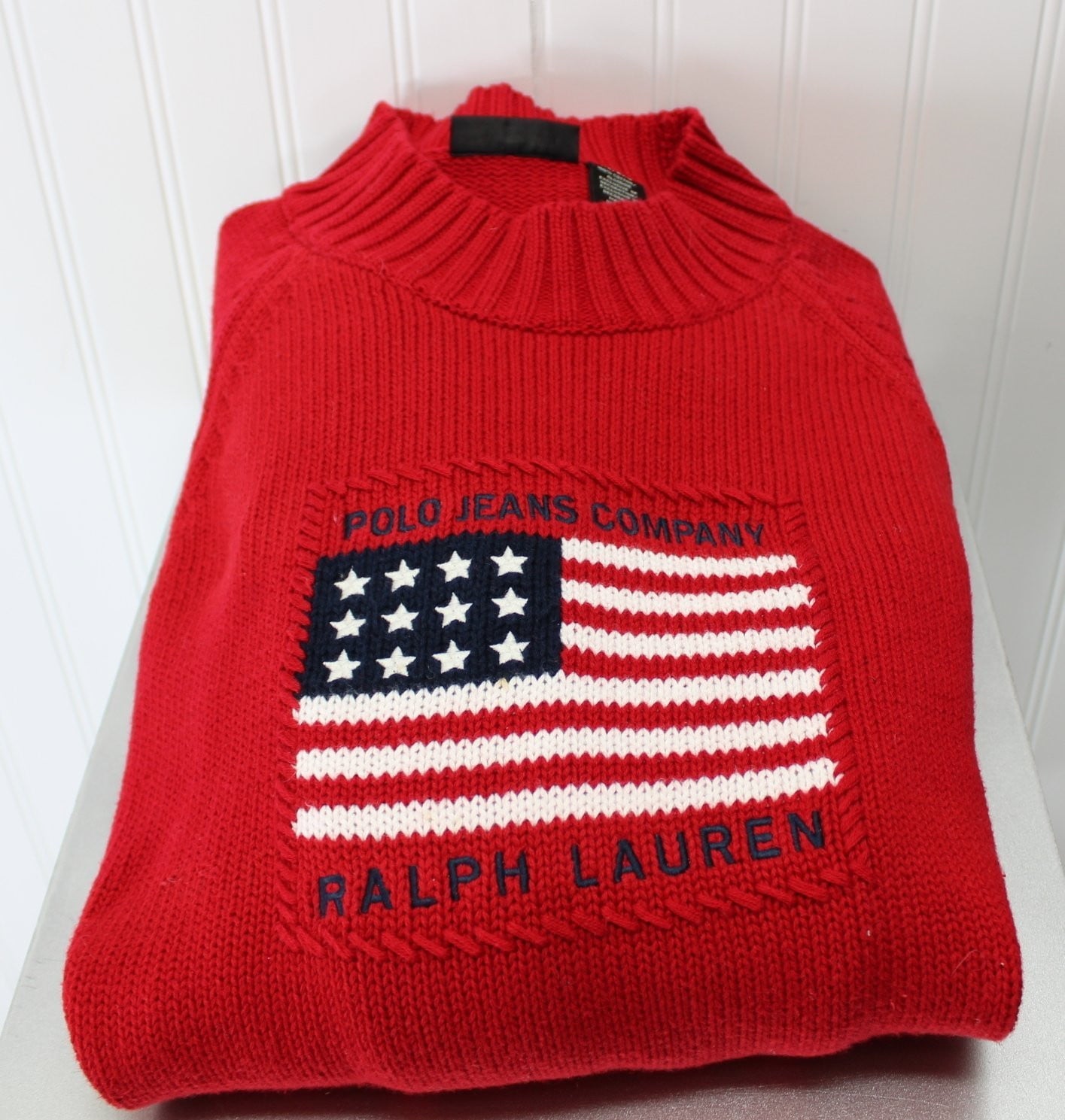 POLO Lauren Sweater Knit Pullover Vintage Red Heavy Cotton Flag Design Unisex substantial