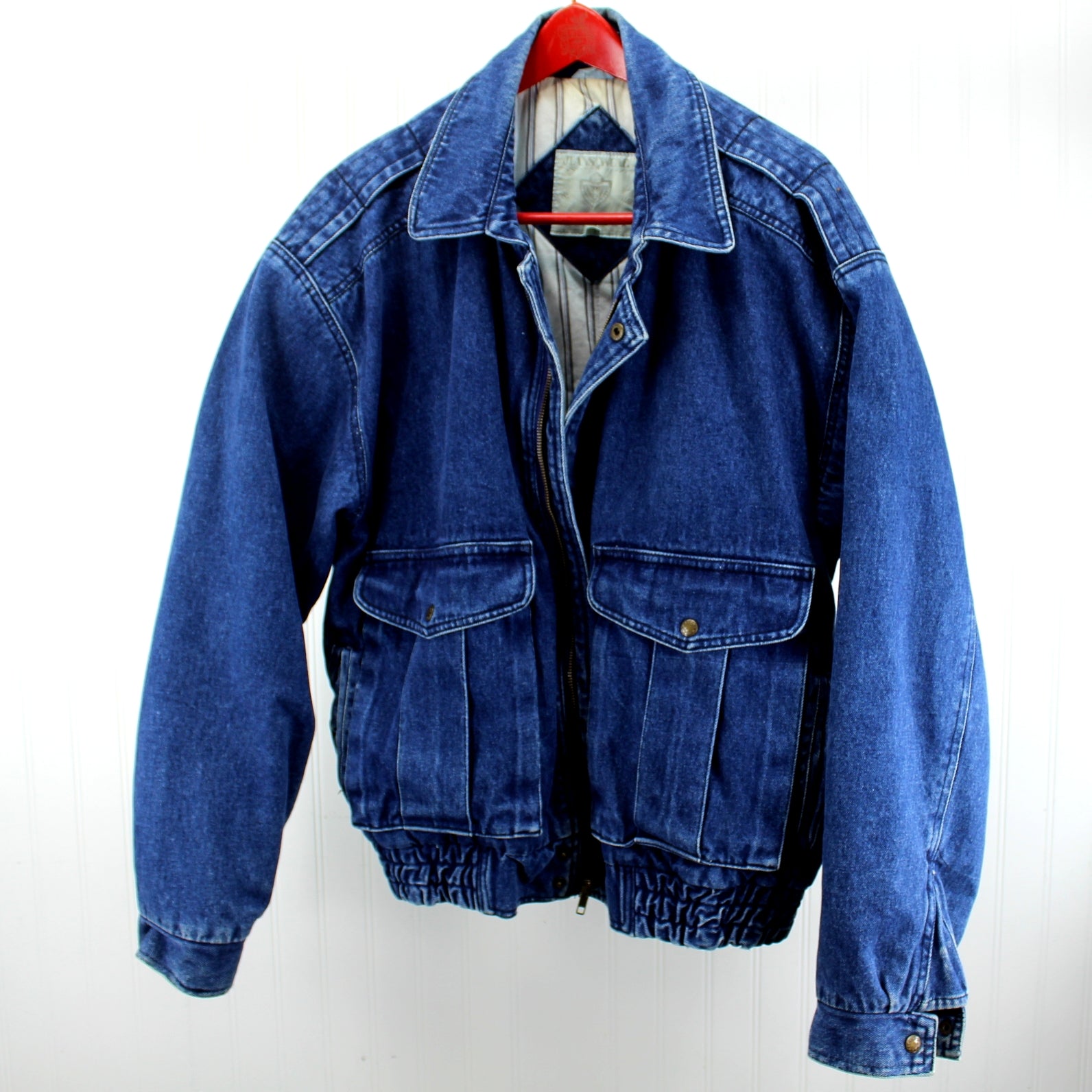 Jeans Wear Trent Blue Denim Cotton Jacket Lined Blue White Stripe Great Cut Size L heavy duty zipper front and snaps