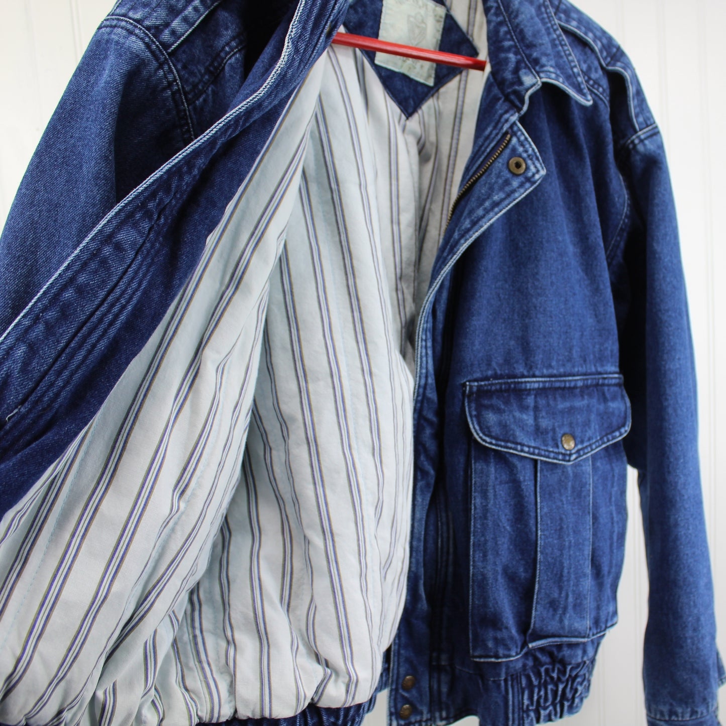 Jeans Wear Trent Blue Denim Cotton Jacket Lined Blue White Stripe Great Cut Size L cotton striped lining matches