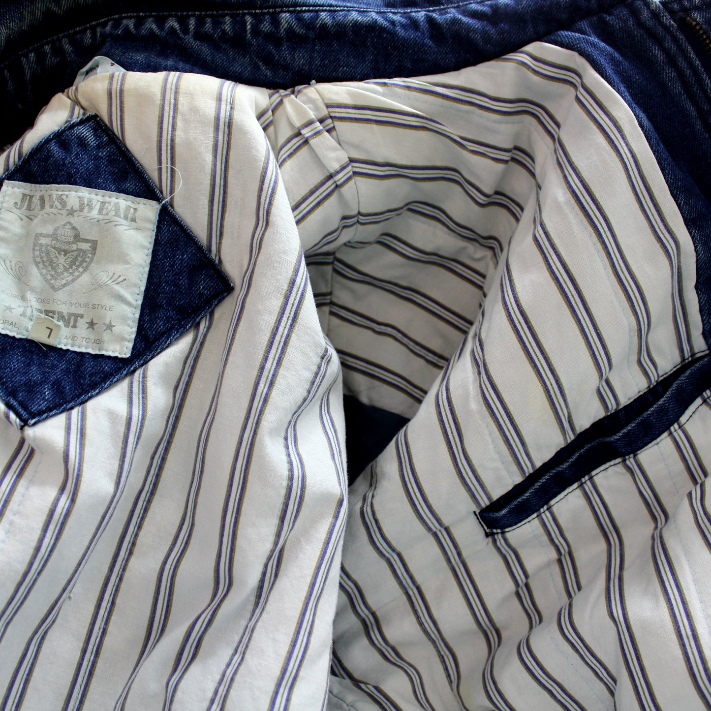 Jeans Wear Trent Blue Denim Cotton Jacket Lined Blue White Stripe Great Cut Size L inside pocket
