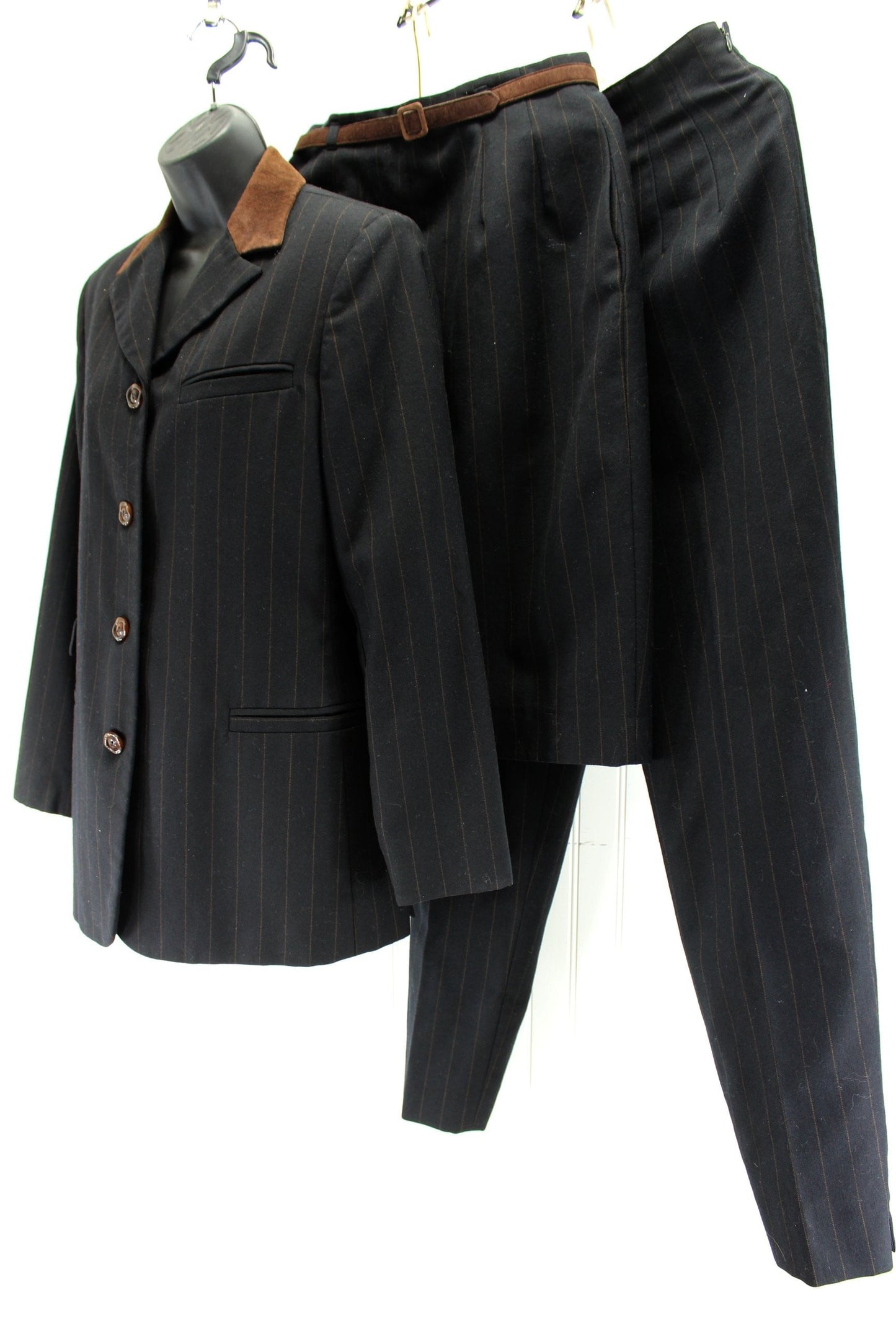 Vintage Wool Suit Harve Bernard 1990s Black Brown Fine Stripe 3 Piece