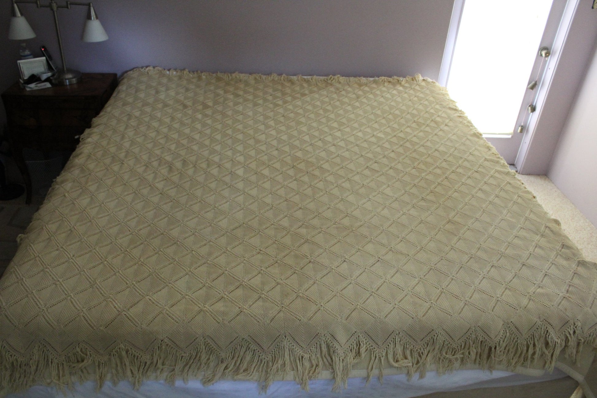Vintage Antique Crochet Coverlet Bedspread Ecru Hand Made Very Heavy Cotton diamond design