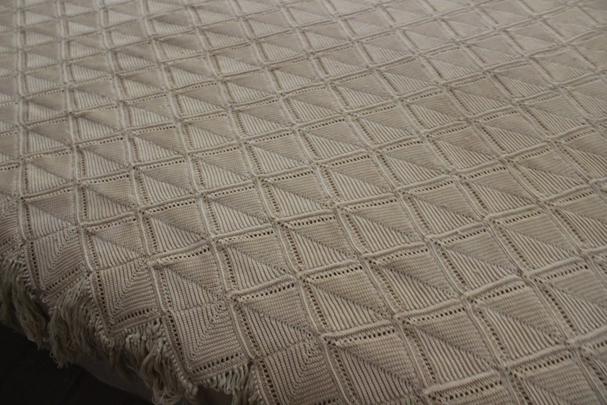 Hand Made Antique Cotton Crochet Coverlet Bedspread - Echru - 76" X 78" Cotton mitered square