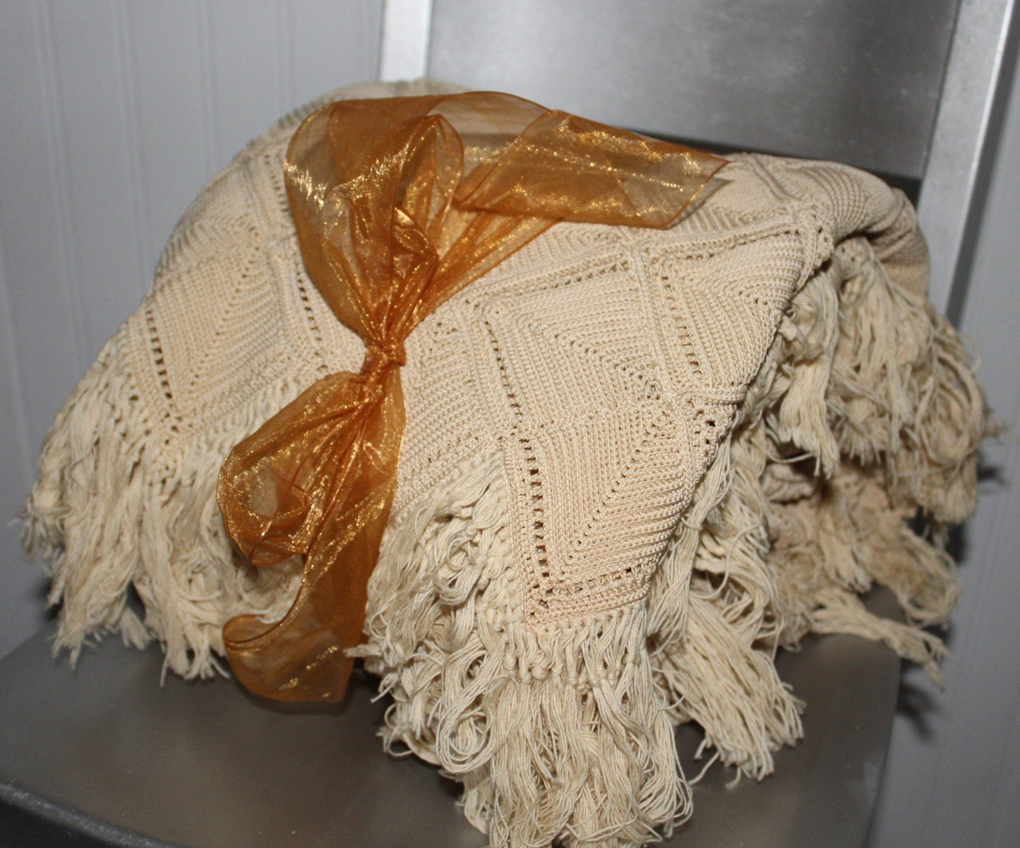 Vintage Antique Crochet Coverlet Bedspread Ecru Hand Made Very Heavy Cotton