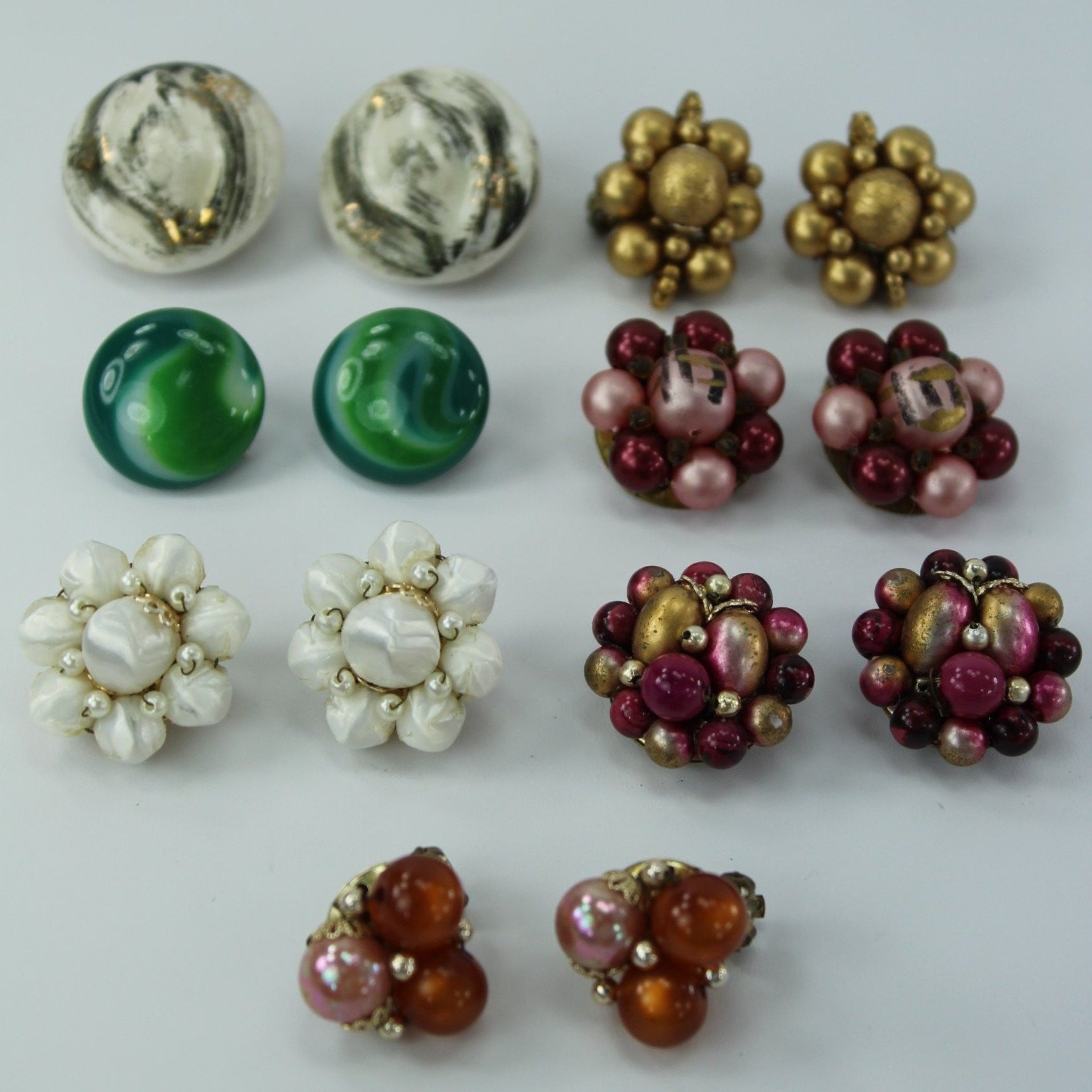 Vintage Earrings Clip Collection 7 Pairs Japan Hong Kong Bead Clusters Ceramic