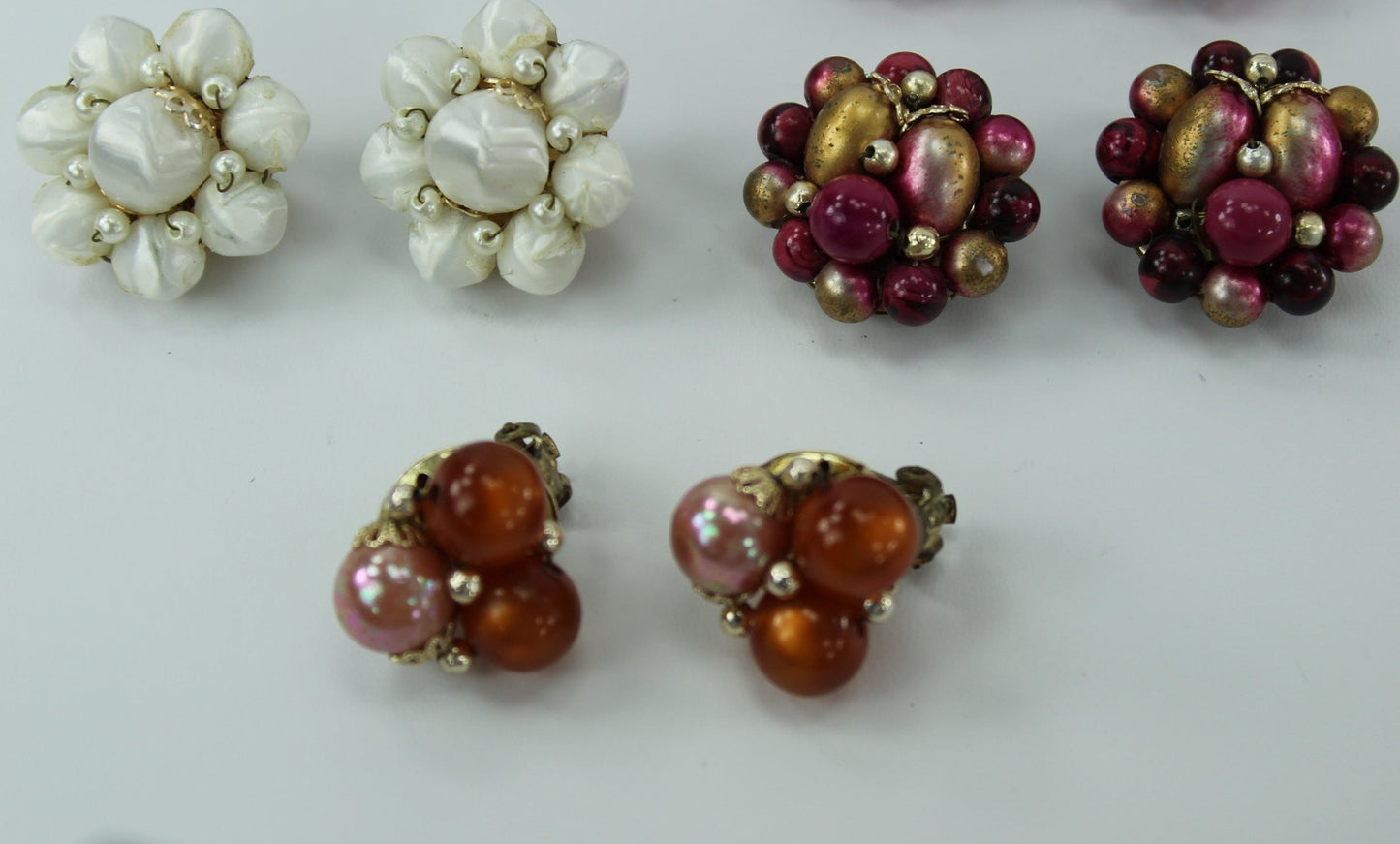Vintage Earrings Clip Collection 7 Pairs Japan Hong Kong Bead Clusters Ceramic estate