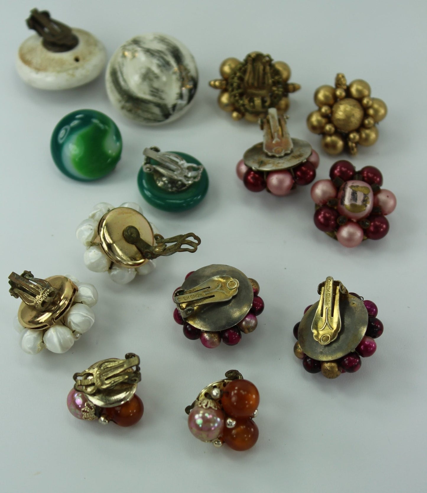 Vintage Earrings Clip Collection 7 Pairs Japan Hong Kong Bead Clusters Ceramic collectible