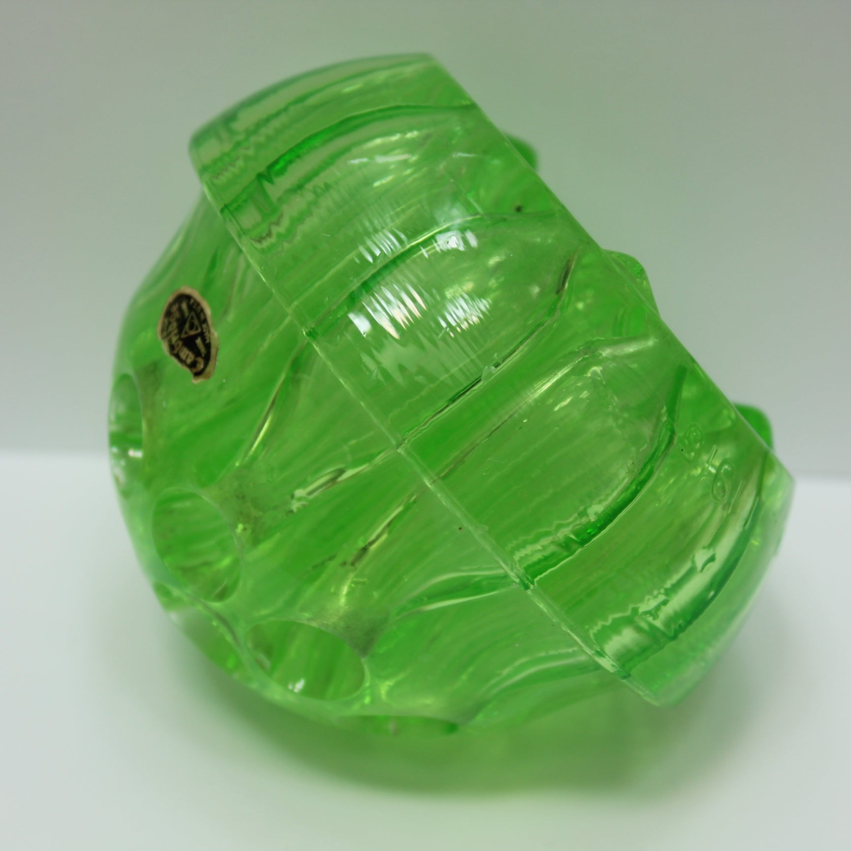 Cambridge 1916 Uranium Green Glass Original Maker Tag - Huge Frog Flower Arranger work of art