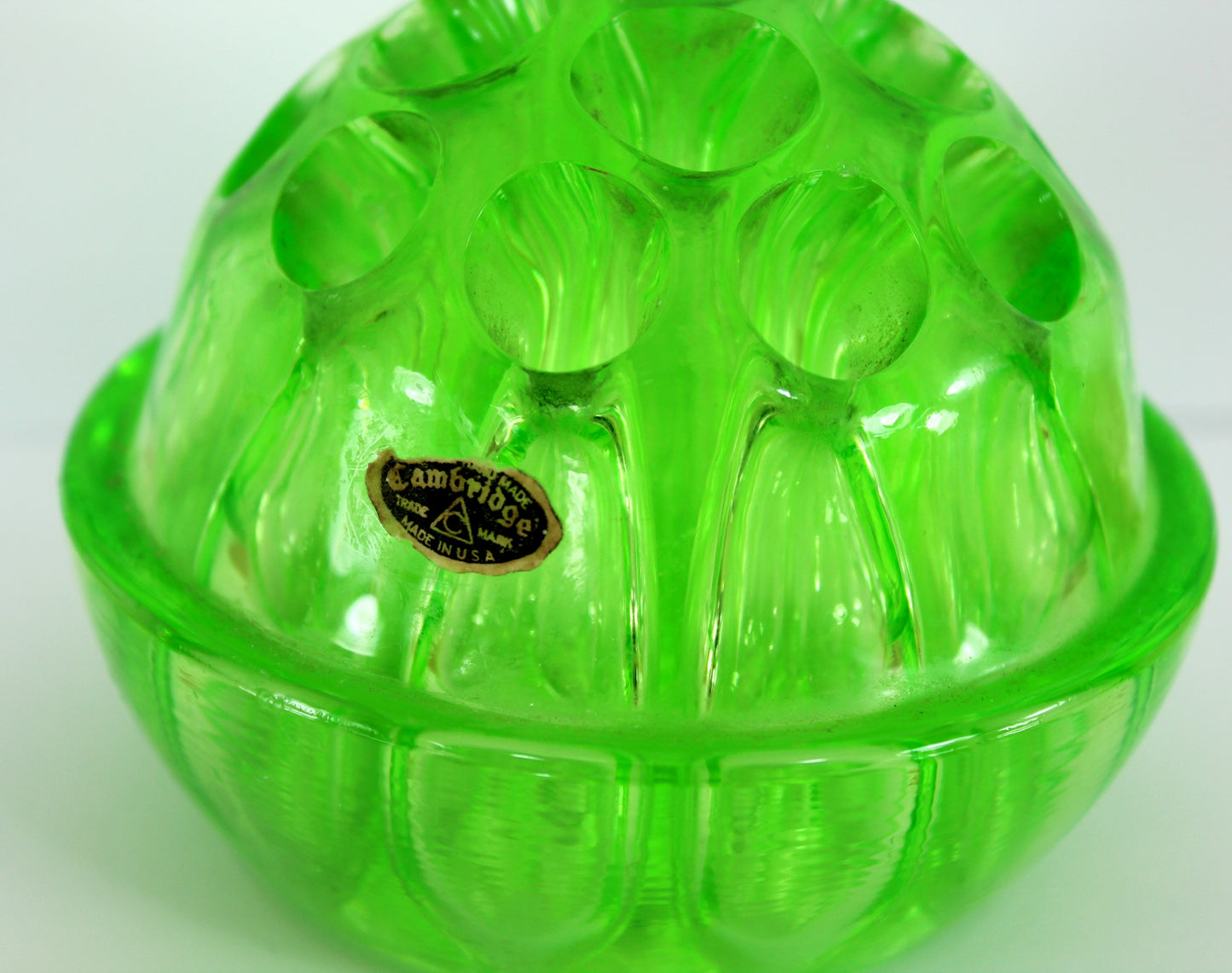 Cambridge 1916 Uranium Green Glass Original Maker Tag - Huge Frog Flower Arranger rare to find size