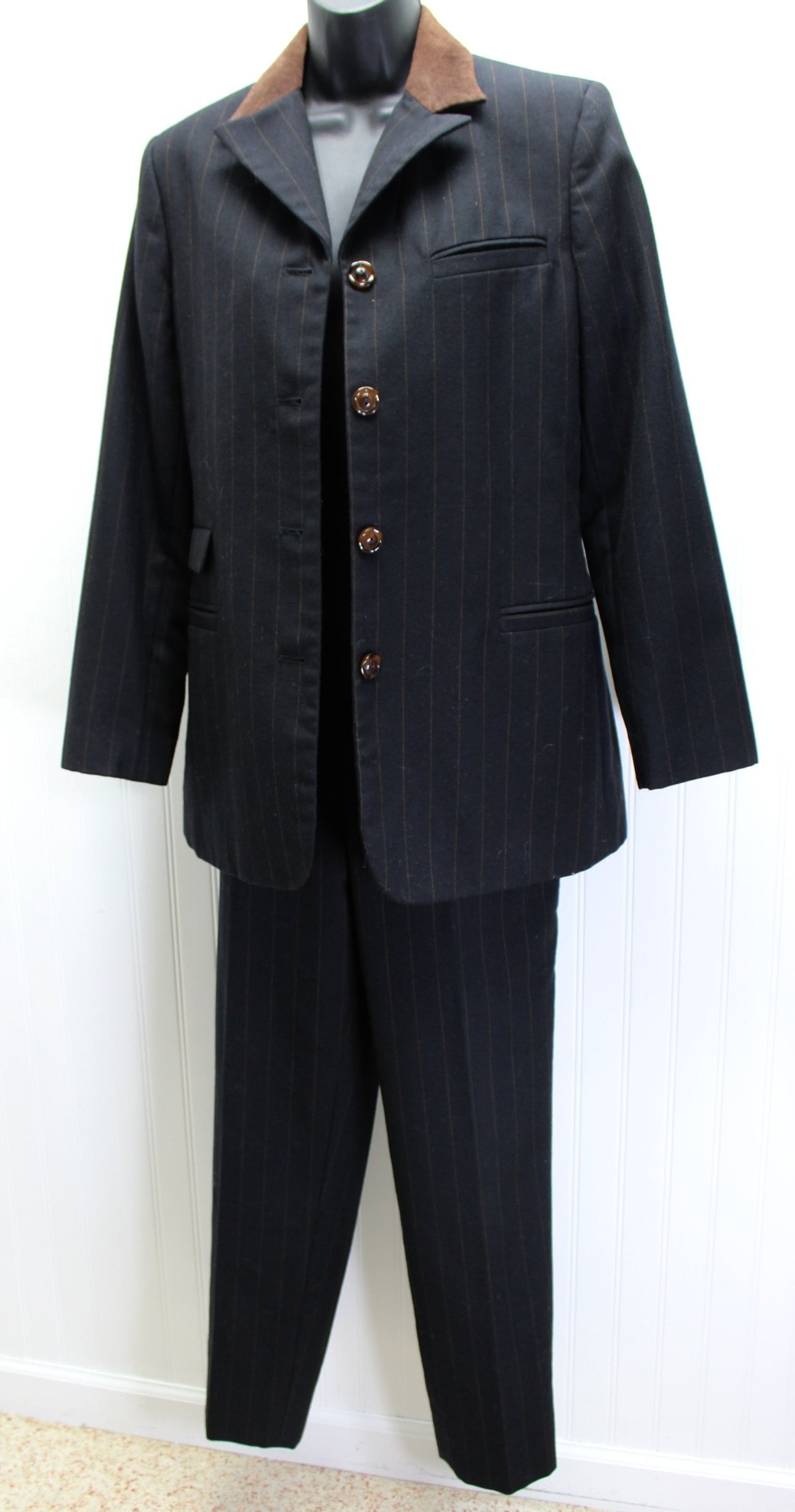 Vintage Wool Suit Harve Bernard 1990s Black Brown Fine Stripe 3 Piece pinstripe