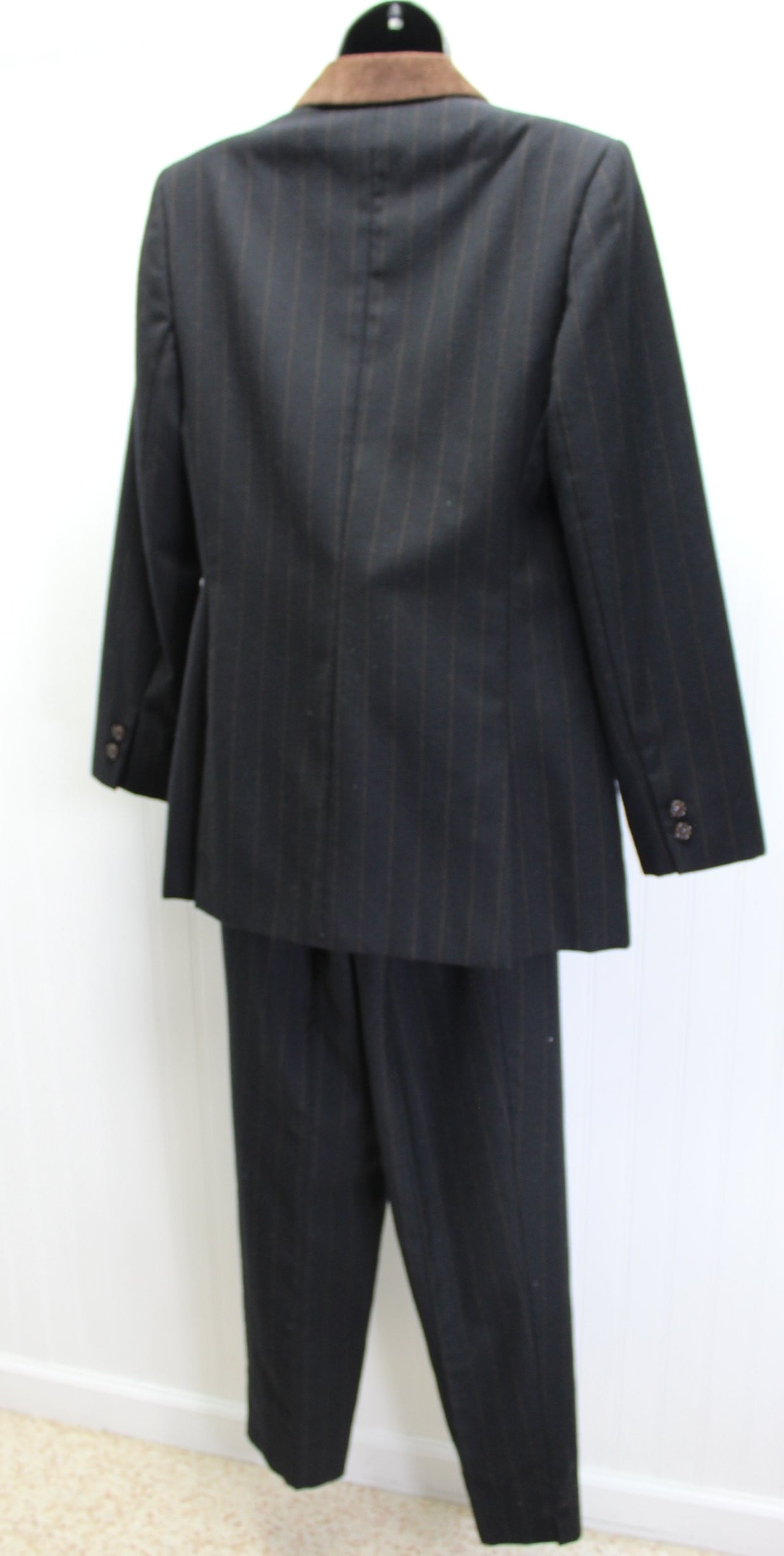 Vintage Wool Suit Harve Bernard 1990s Black Brown Fine Stripe 3 Piece faux suede