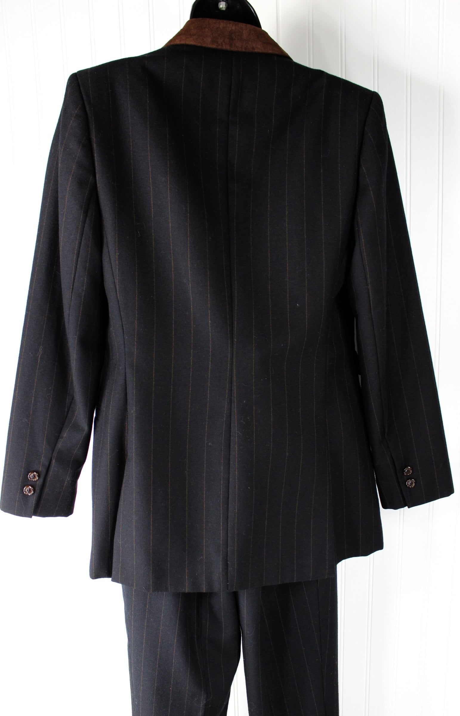 Vintage Wool Suit Harve Bernard 1990s Black Brown Fine Stripe 3 Piece skirt