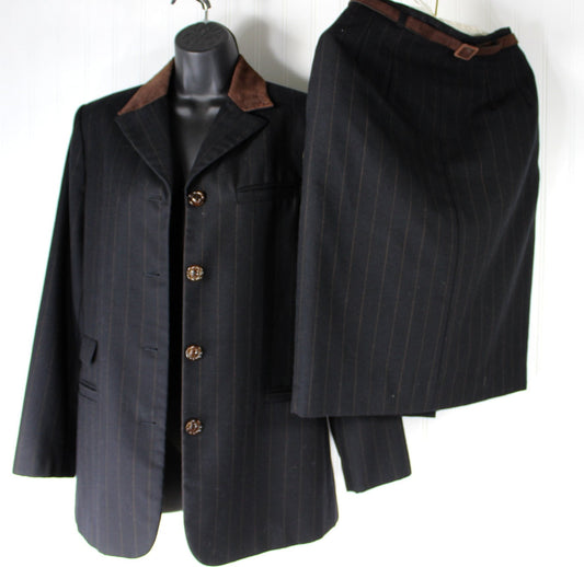 Vintage Wool Suit Harve Bernard 1990s Black Brown Fine Stripe 3 Piece pants