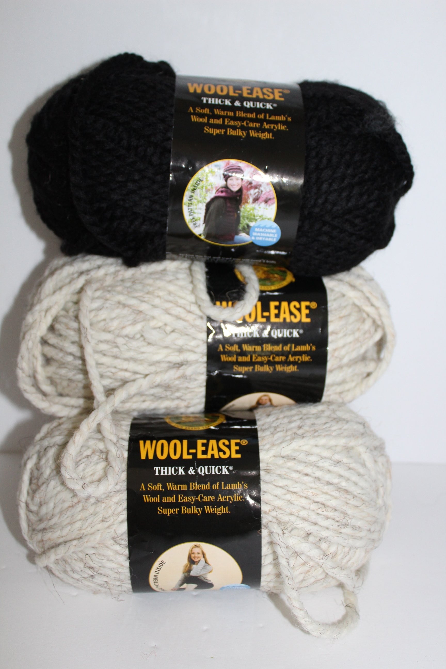 Wool Ease Yarn Thick Quick  Lion 153 Black  402 Wheat 6 ozs X 3 new